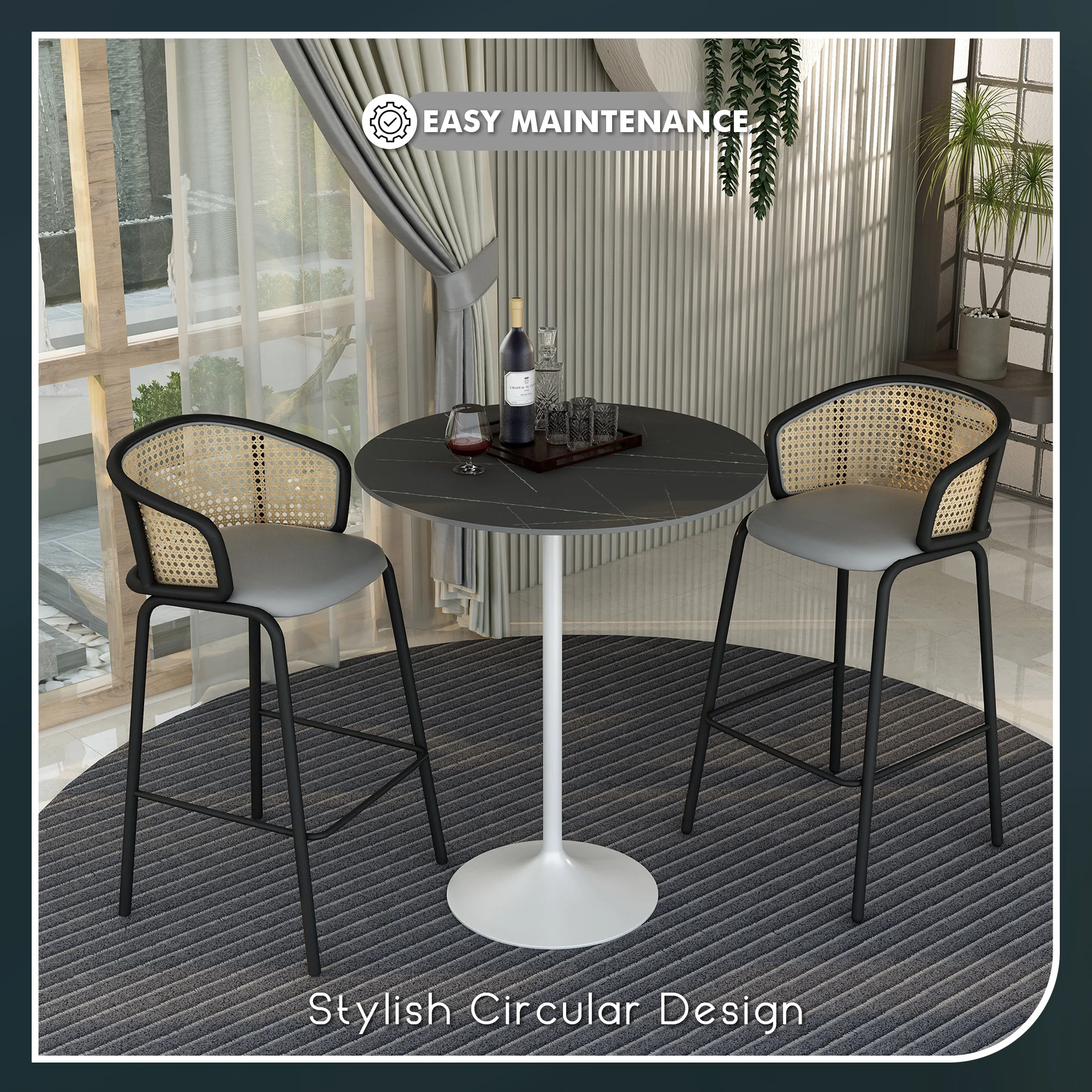 Verve Collection Modern Bar Height Table White Base with 36" Round Black Marbelized Sintered Stone Top