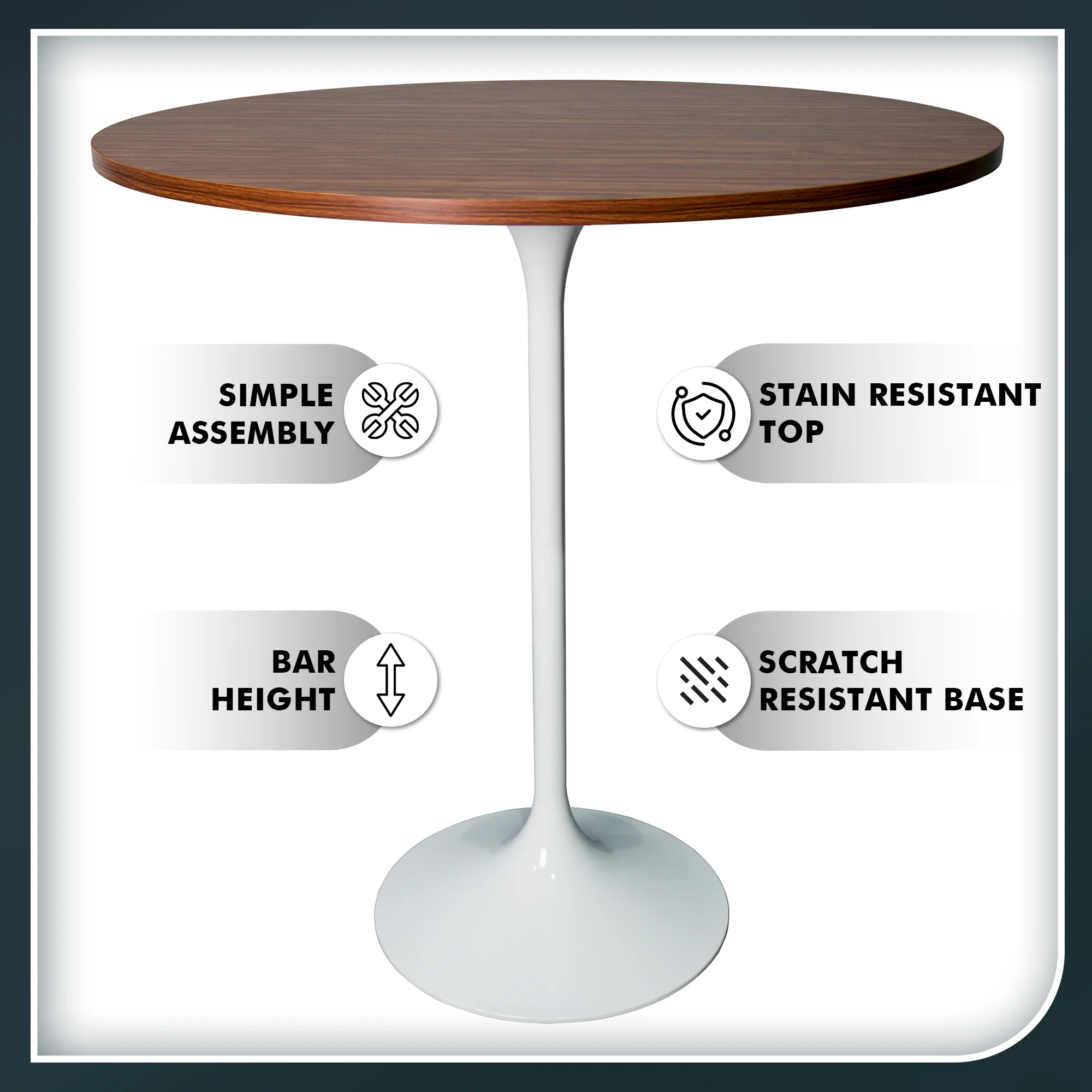 Verve Collection Modern Bar Height Table White Base with 36" Round Cognac Brown MDF Top