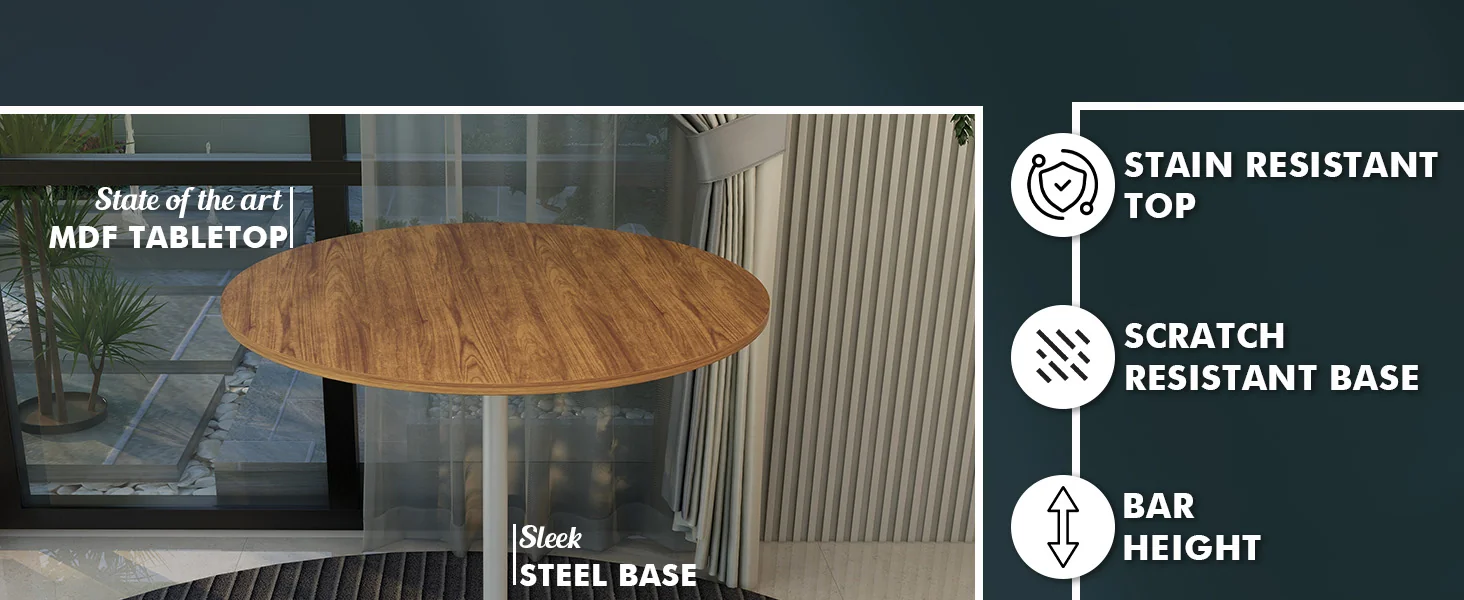 Verve Collection Modern Bar Height Table White Base with 36" Round Cognac Brown MDF Top