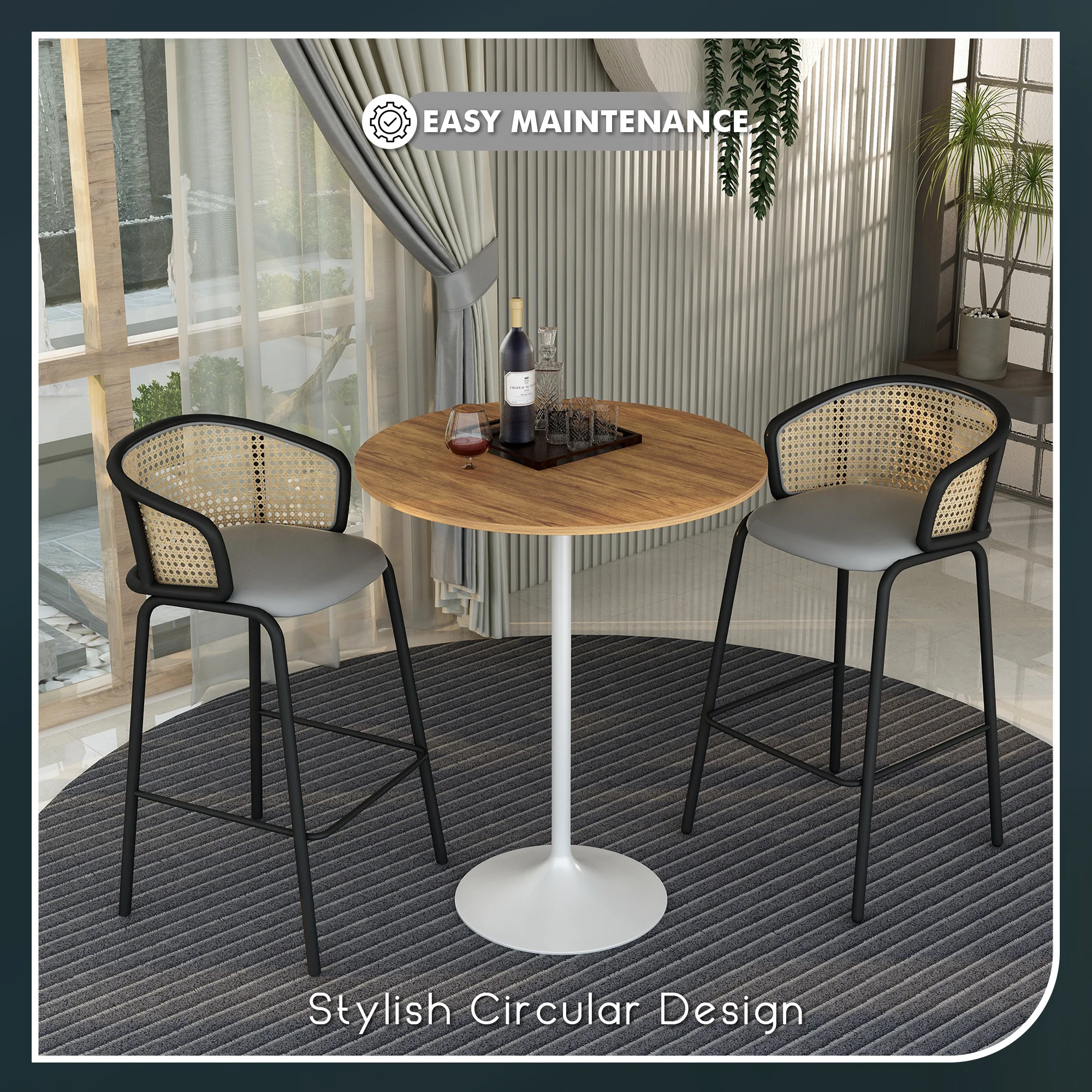 Verve Collection Modern Bar Height Table White Base with 36" Round Cognac Brown MDF Top