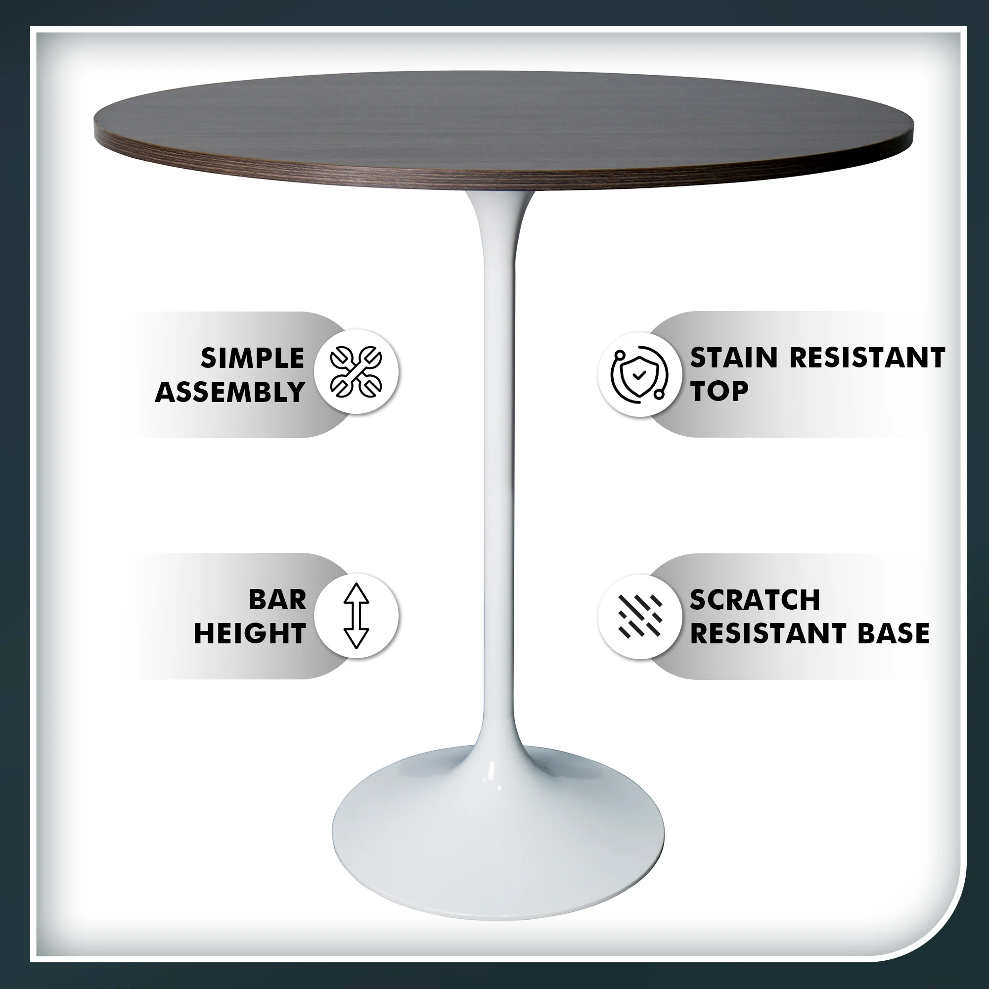 Verve Collection Modern Bar Height Table White Base with 36" Round Dark Walnut MDF Top