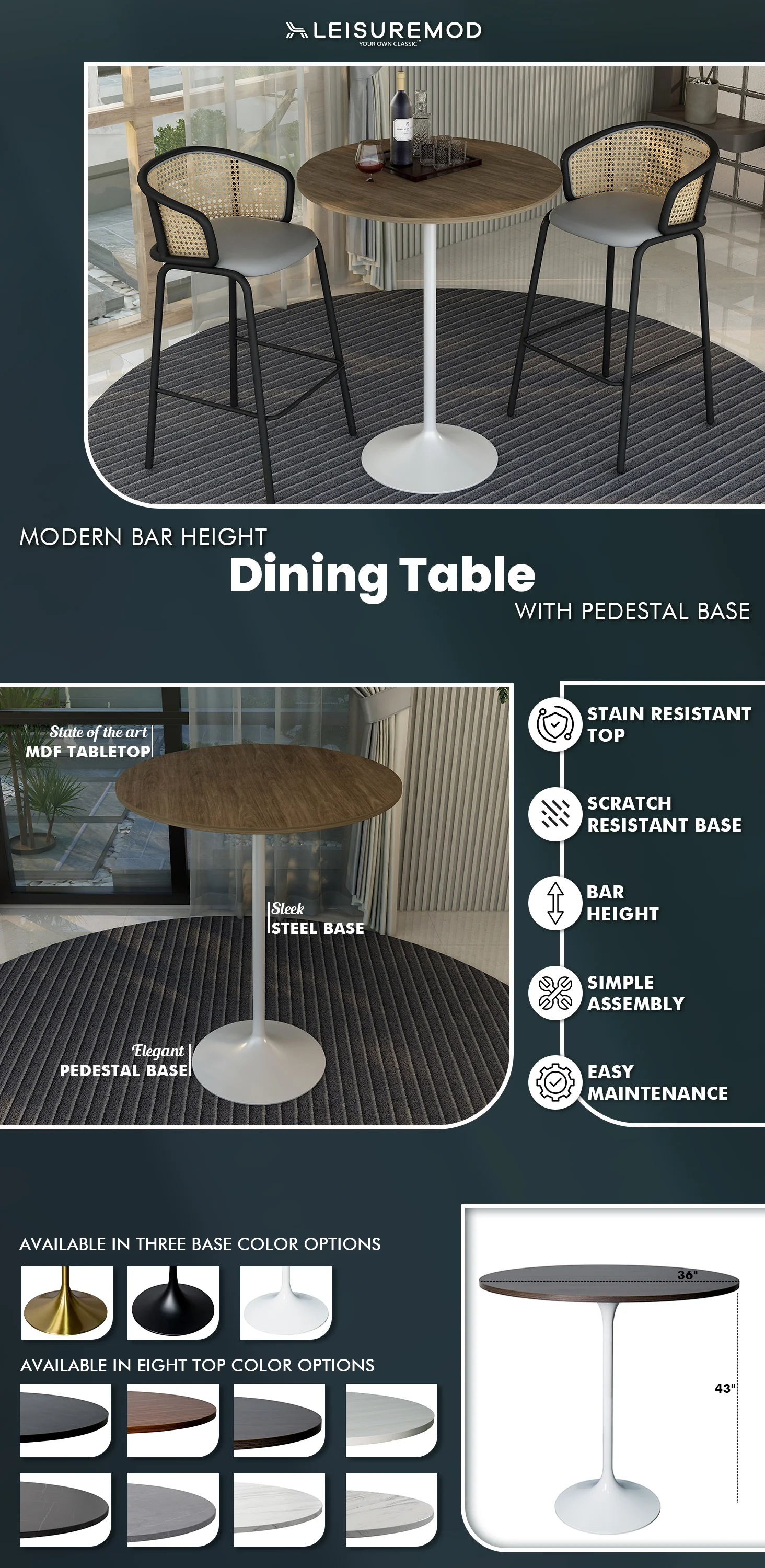 Verve Collection Modern Bar Height Table White Base with 36" Round Dark Walnut MDF Top