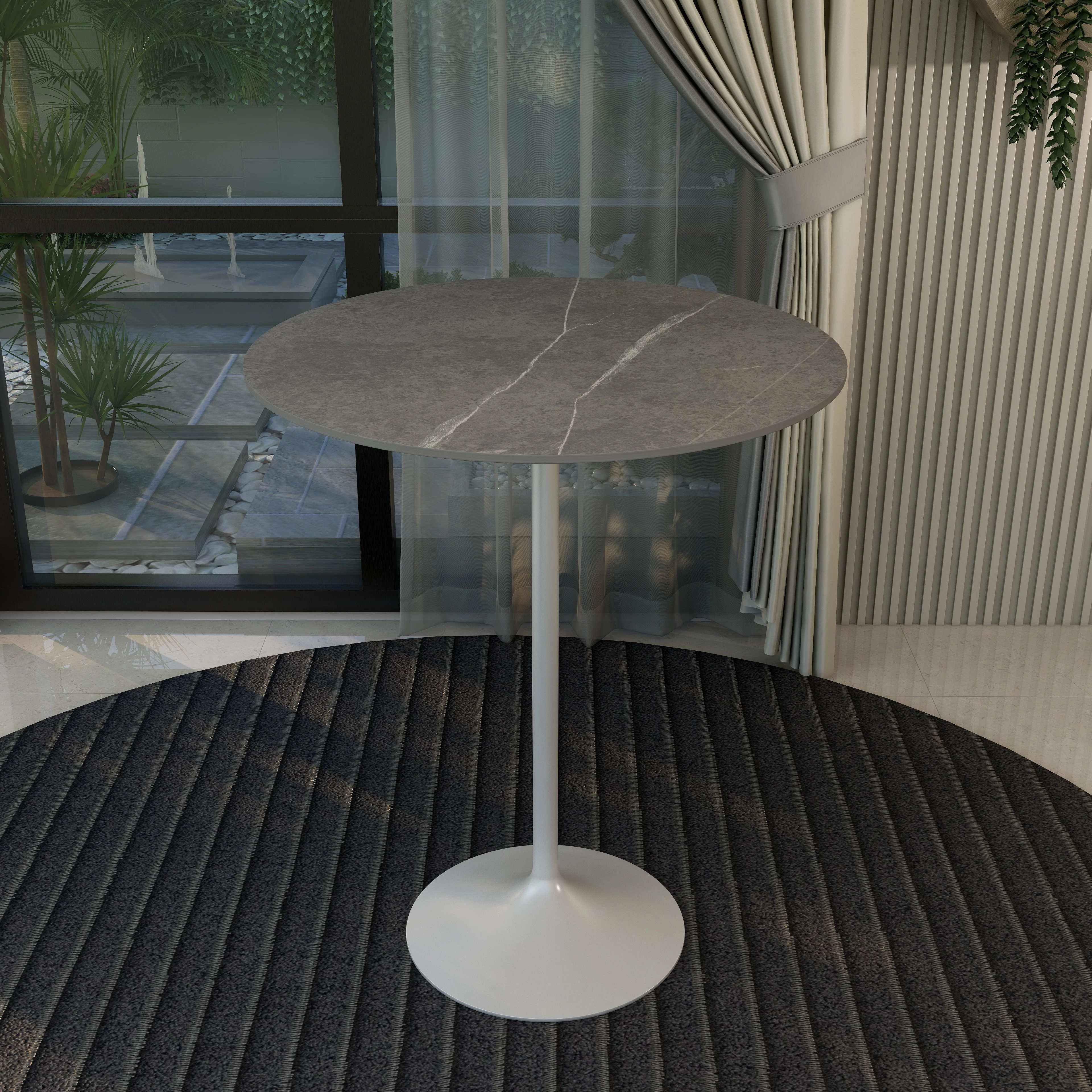 Verve Collection Modern Bar Height Table White Base with 36" Round Marble Grey Sintered Stone Top