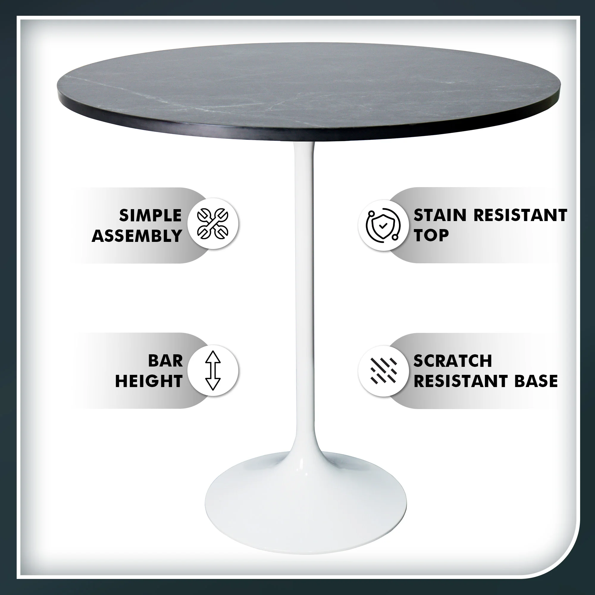 Verve Collection Modern Bar Height Table White Base with 36" Round Marble Grey Sintered Stone Top