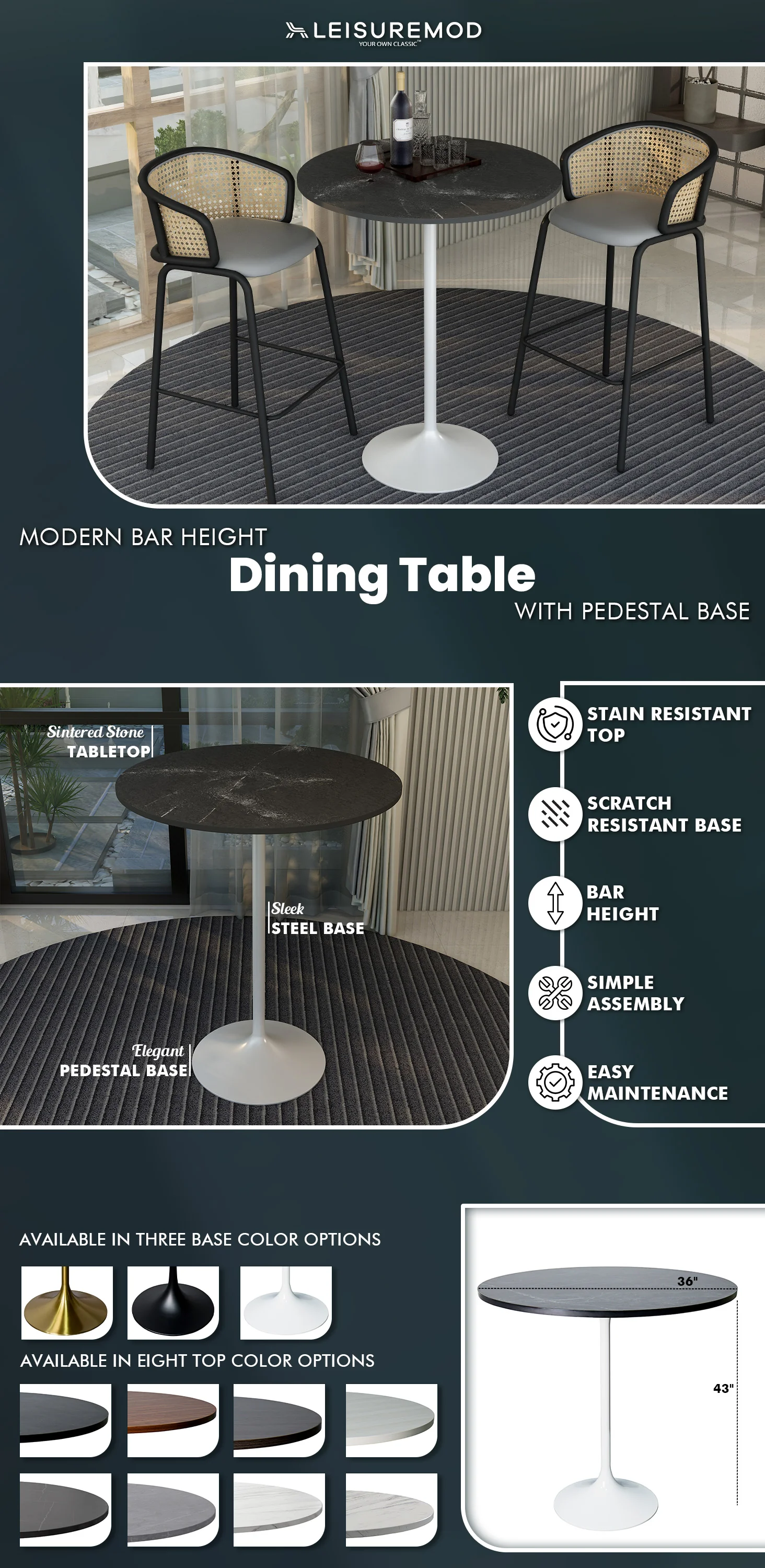 Verve Collection Modern Bar Height Table White Base with 36" Round Marble Grey Sintered Stone Top