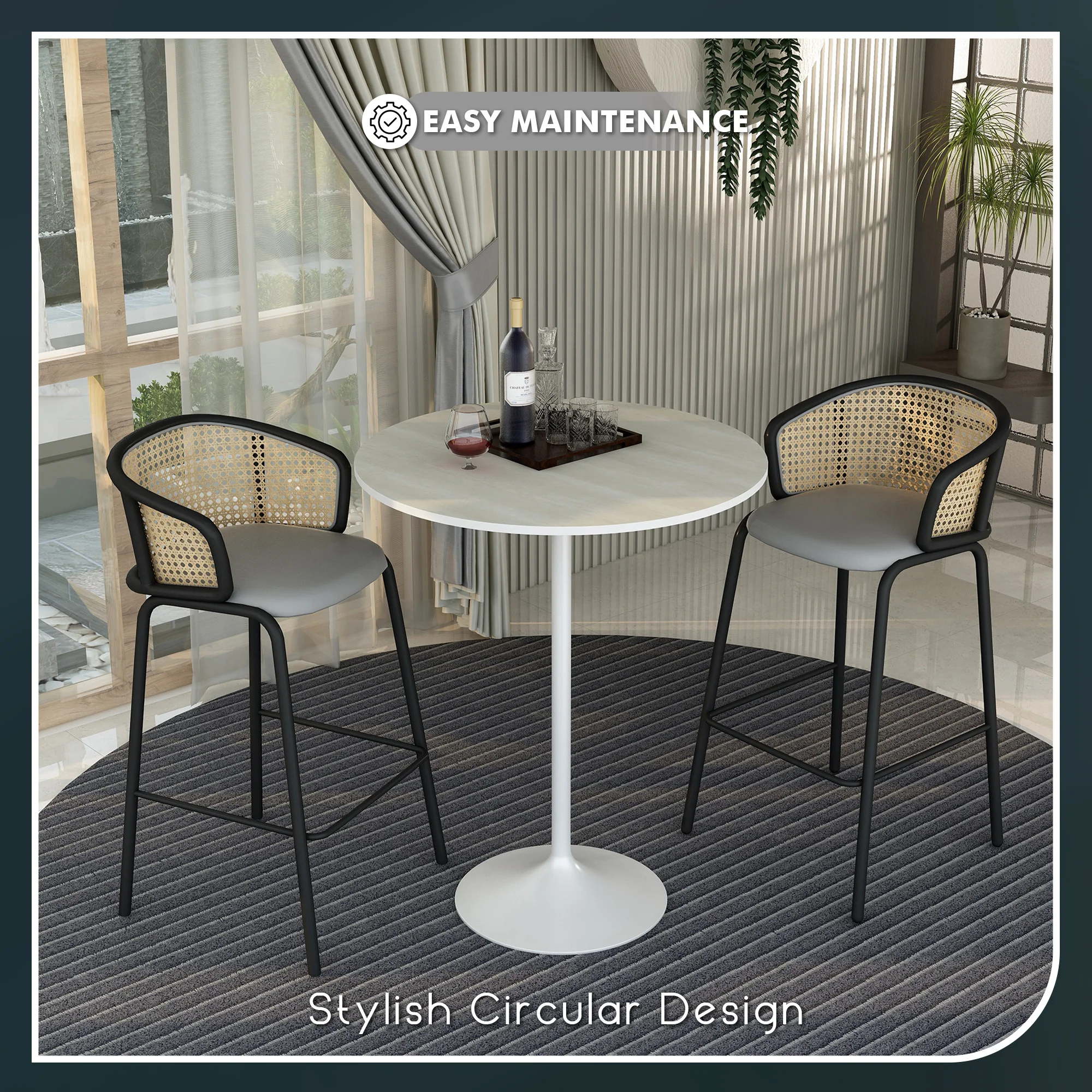 Verve Collection Modern Bar Height Table White Base with 36" Round Light Natural Wood MDF Top