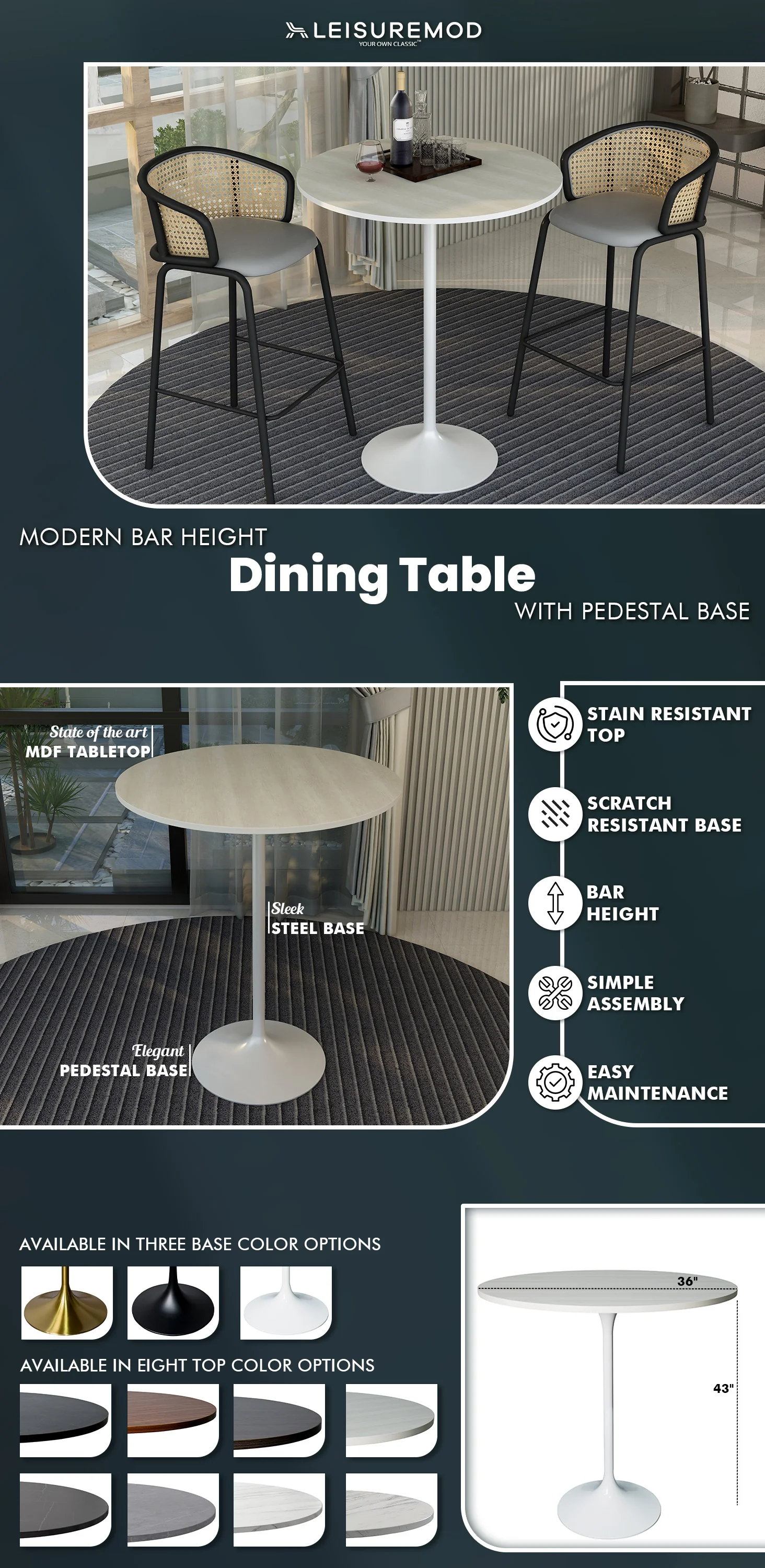 Verve Collection Modern Bar Height Table White Base with 36" Round Light Natural Wood MDF Top