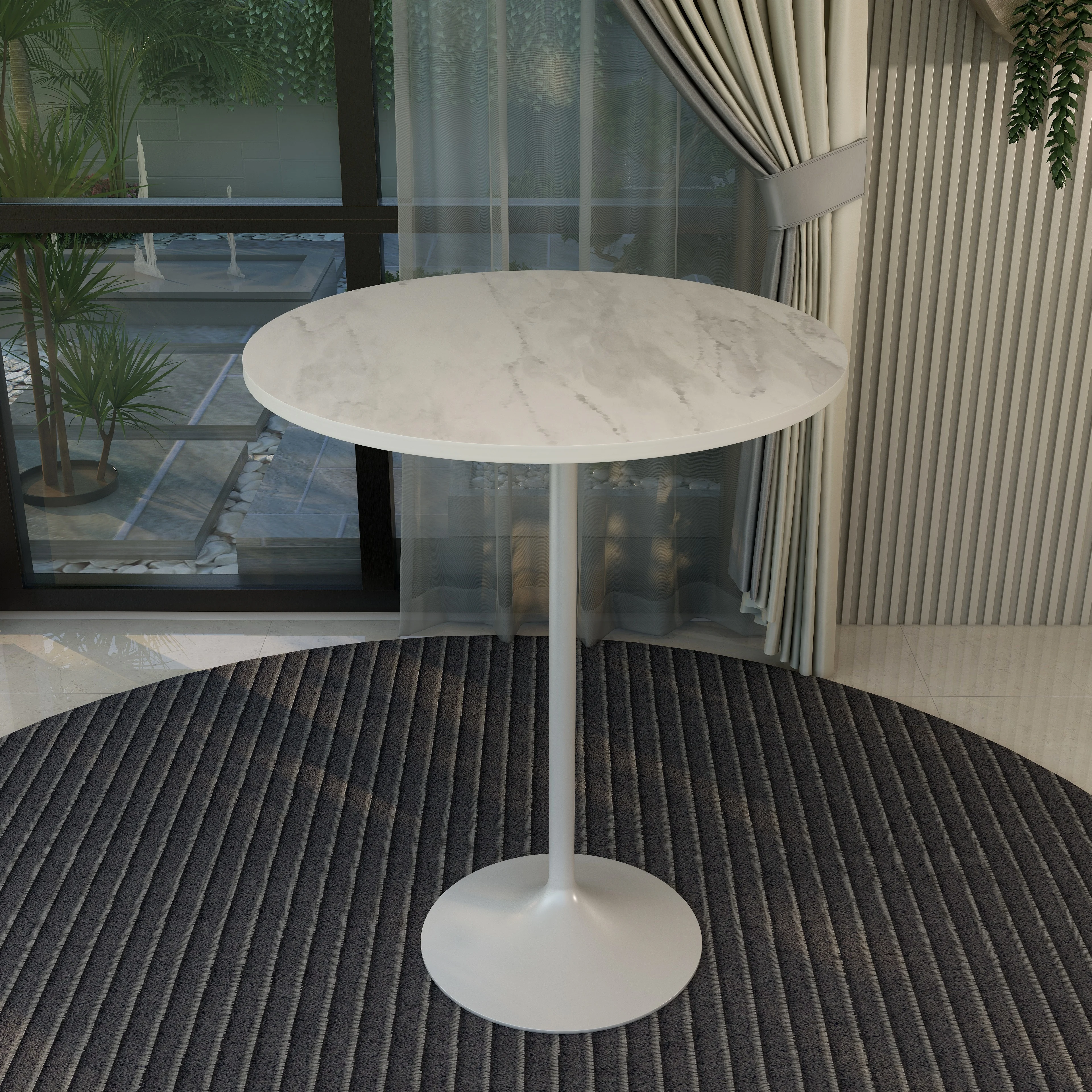 Verve Collection Modern Bar Height Table White Base with 36" Round Marbleized White Laminated Top
