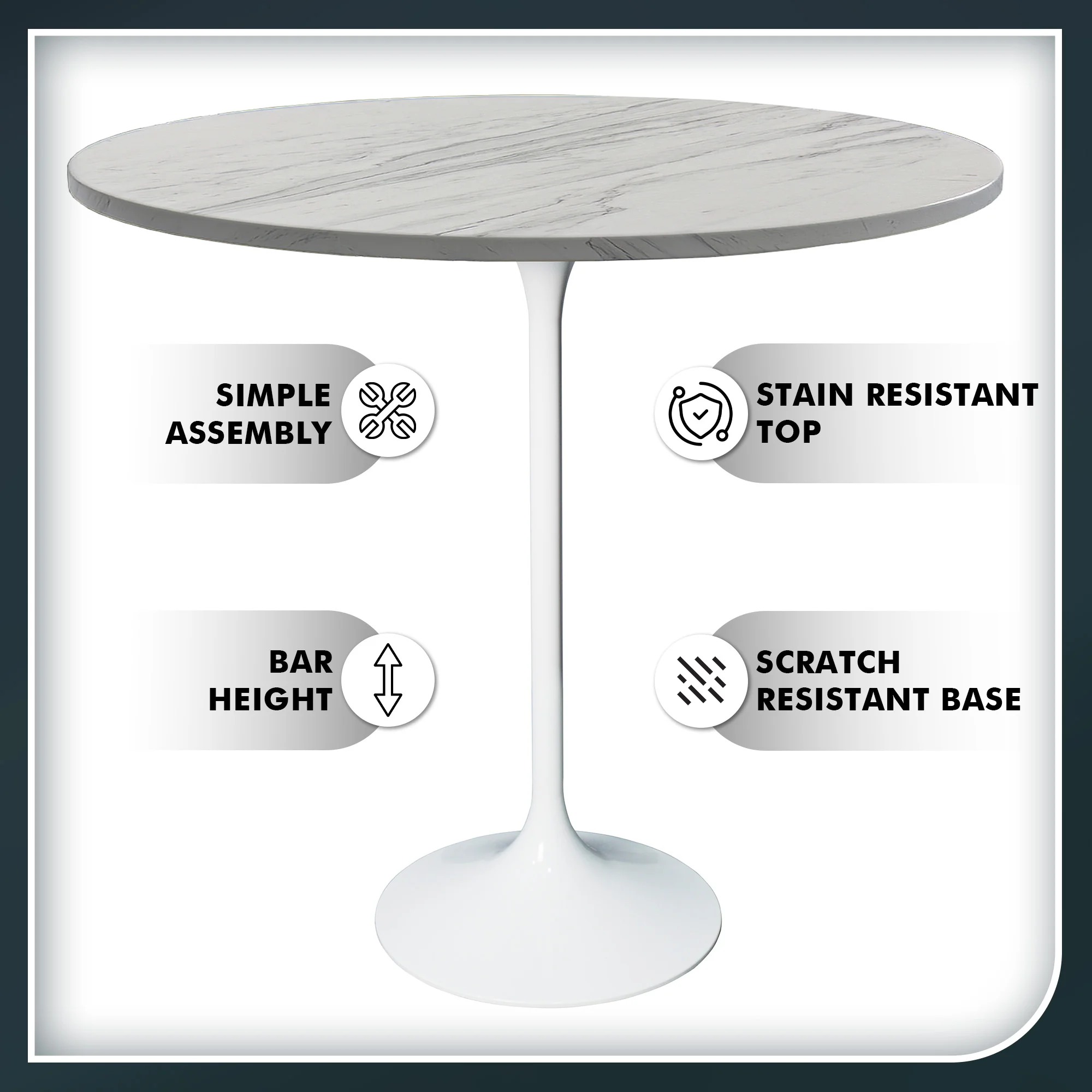 Verve Collection Modern Bar Height Table White Base with 36" Round Marbleized White Laminated Top