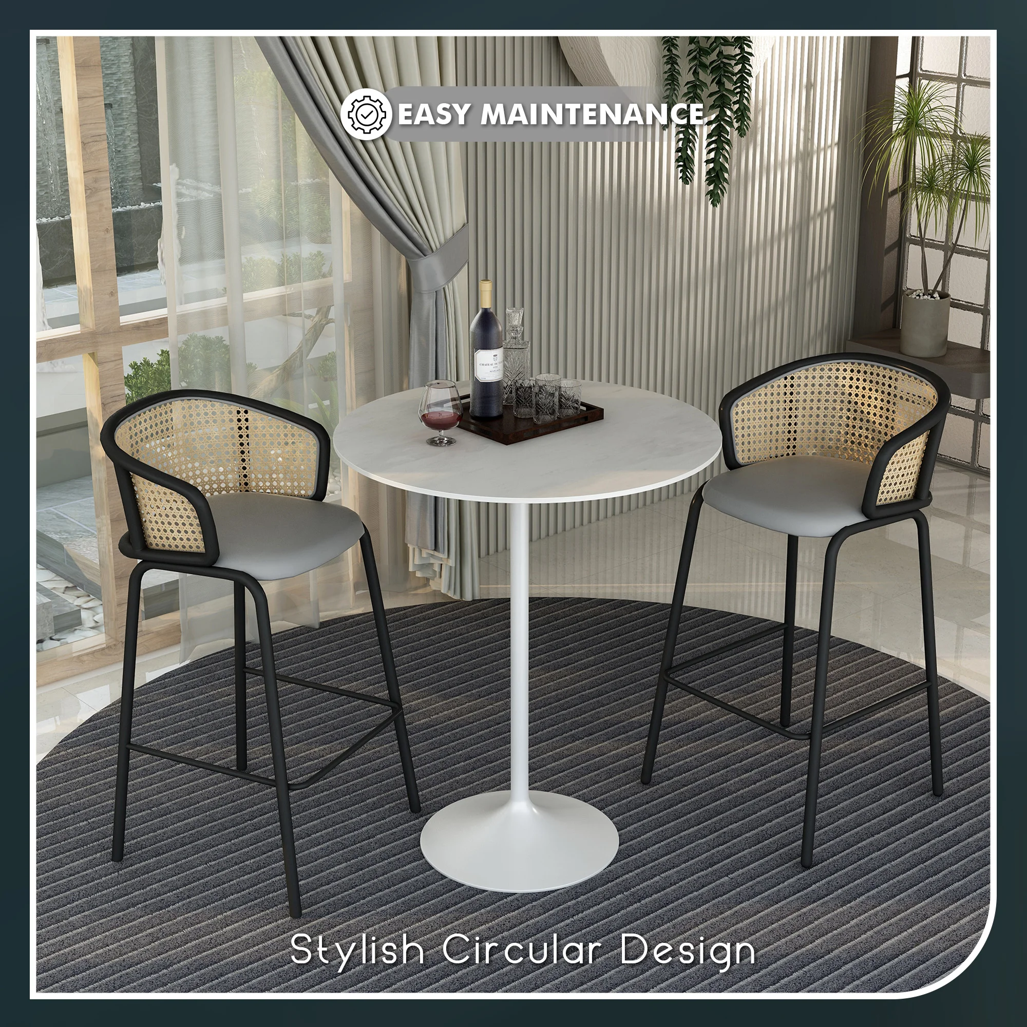 Verve Collection Modern Bar Height Table White Base with 36" Round Marble White Sintered Stone Top