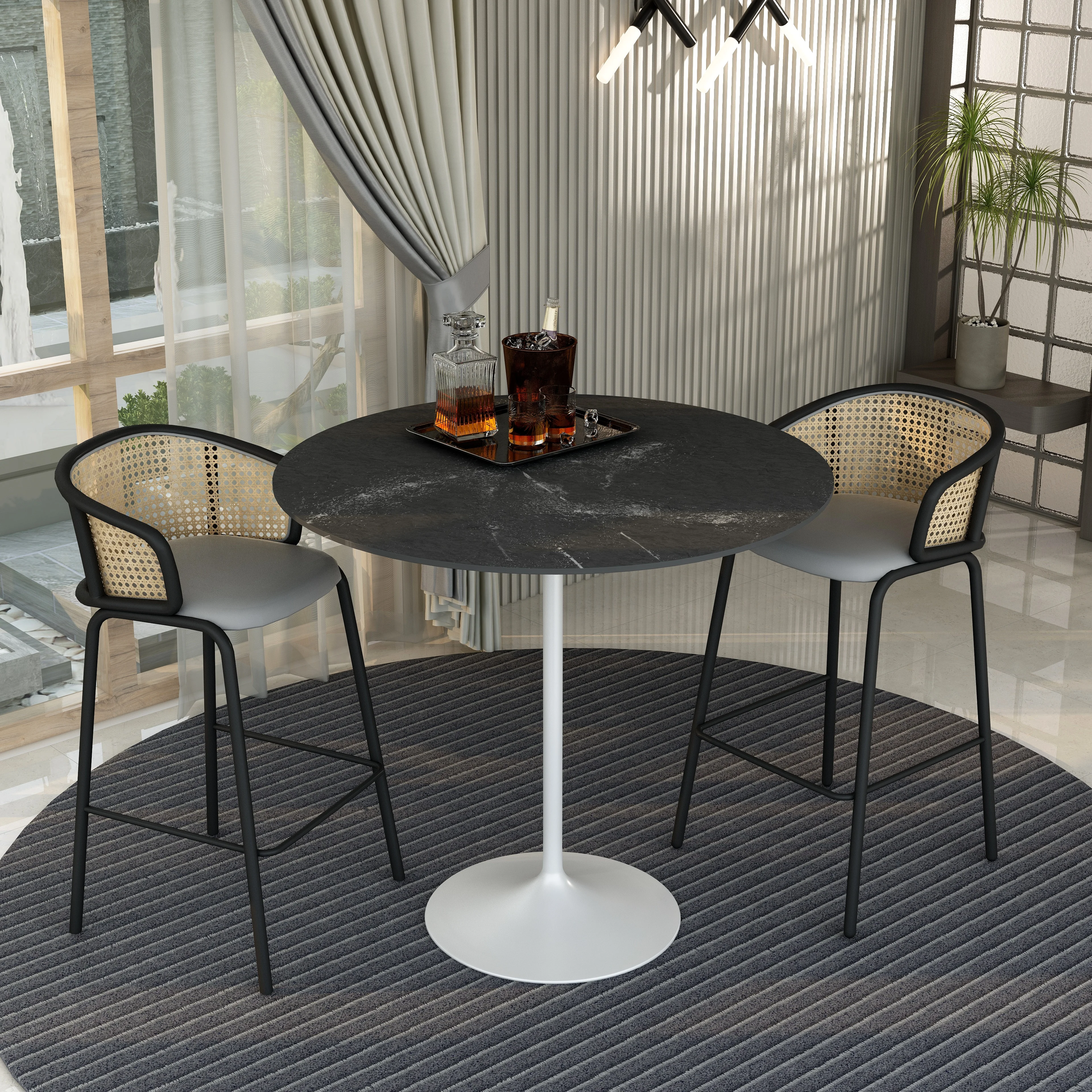 Verve Collection Modern Bar Height Table White Base with 48" Round Black Marbelized MDF Top
