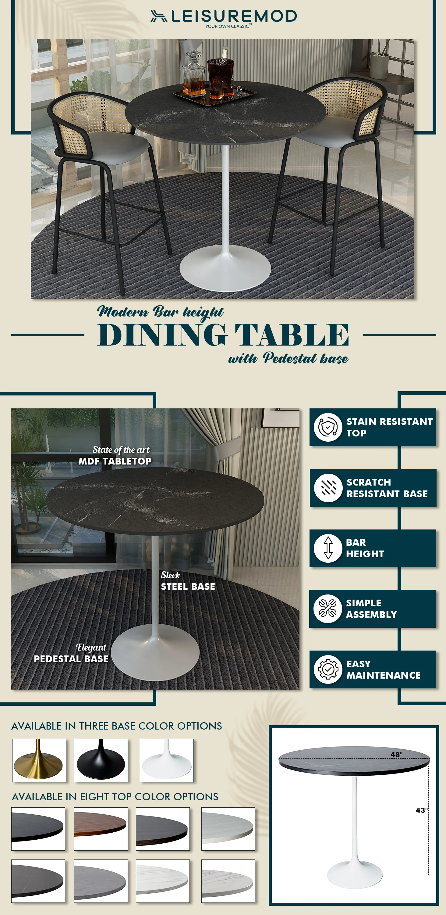 Verve Collection Modern Bar Height Table White Base with 48" Round Black Marbelized MDF Top