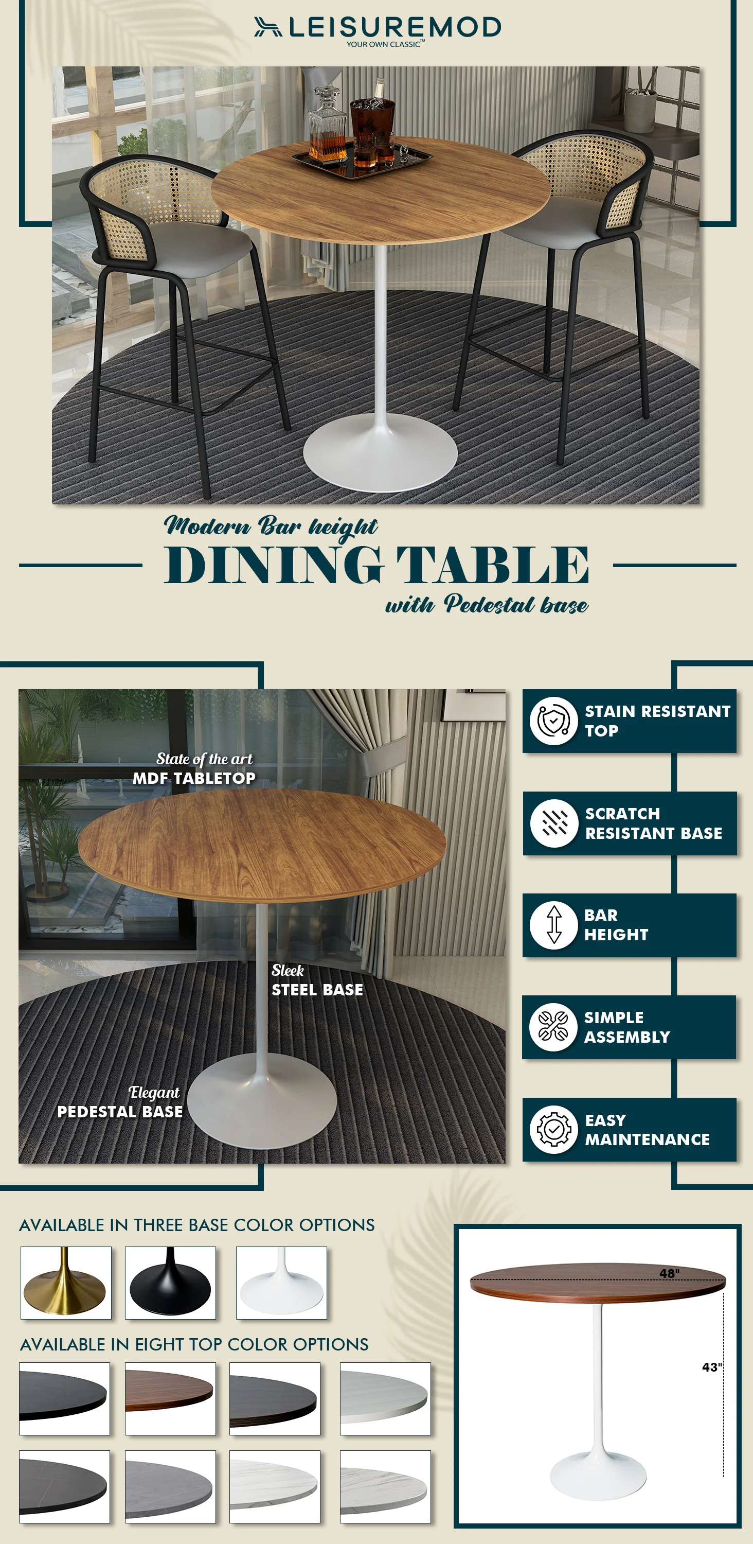 Verve Collection Modern Bar Height Table White Base with 48" Round Cognac Brown MDF Top