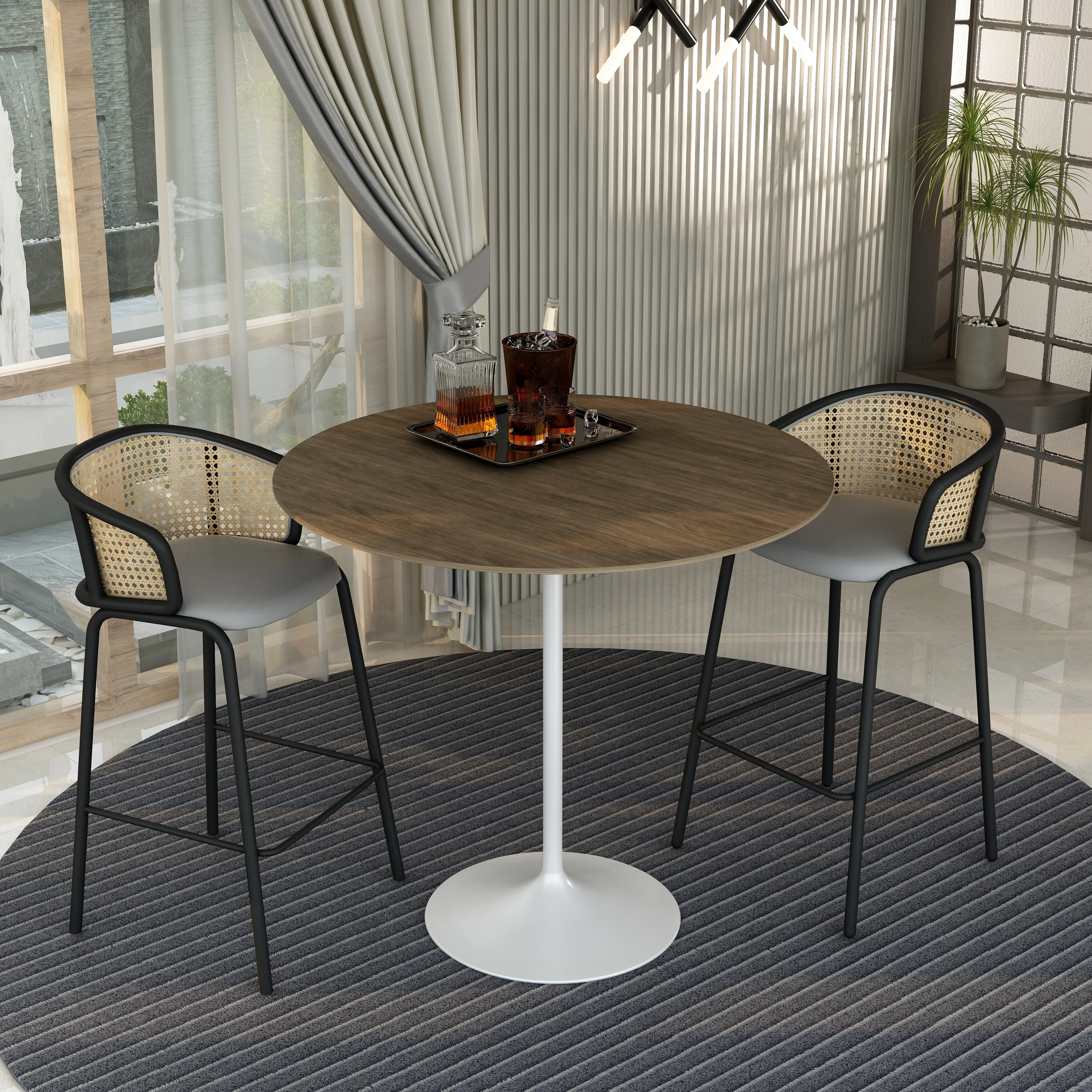 Verve Collection Modern Bar Height Table White Base with 48" Round Dark Walnut MDF Top