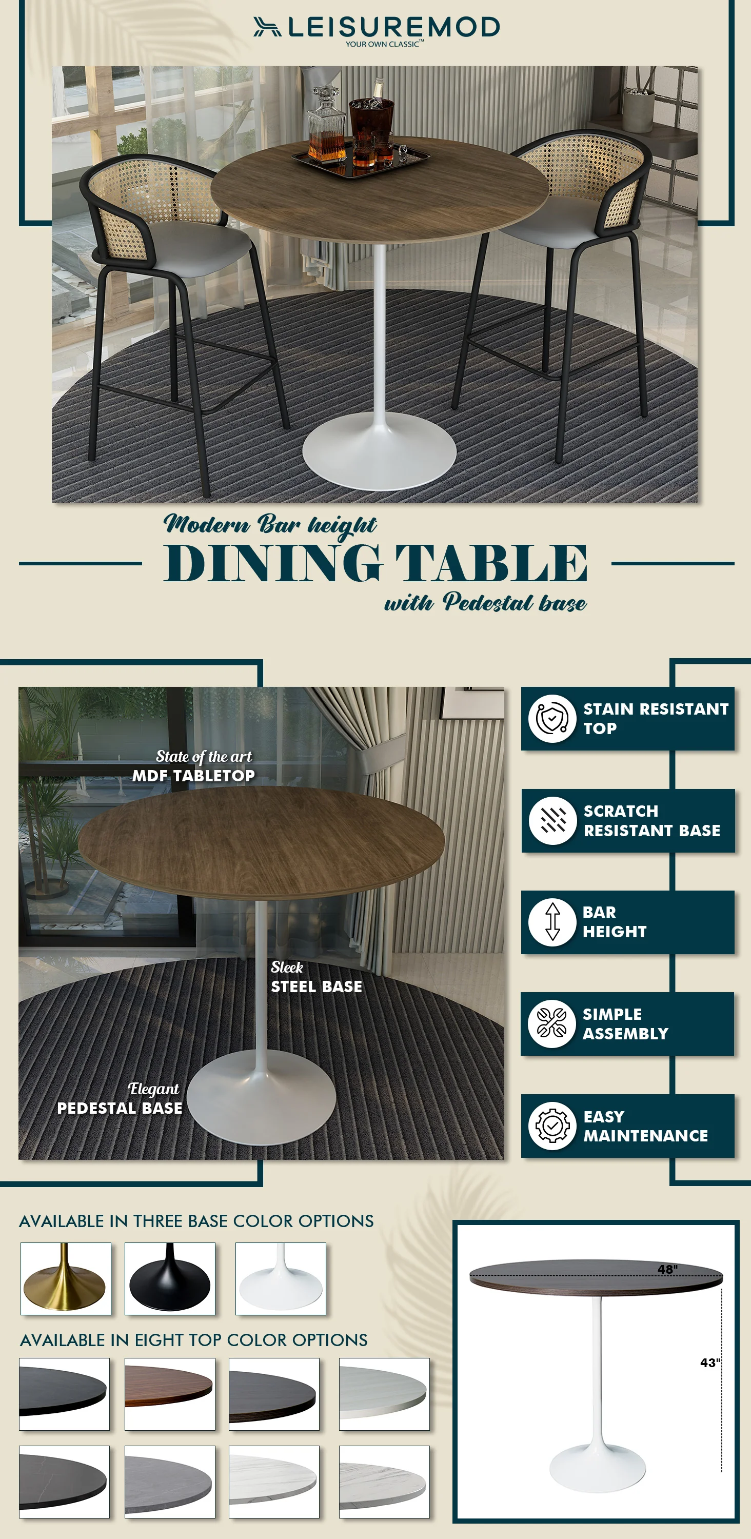 Verve Collection Modern Bar Height Table White Base with 48" Round Dark Walnut MDF Top