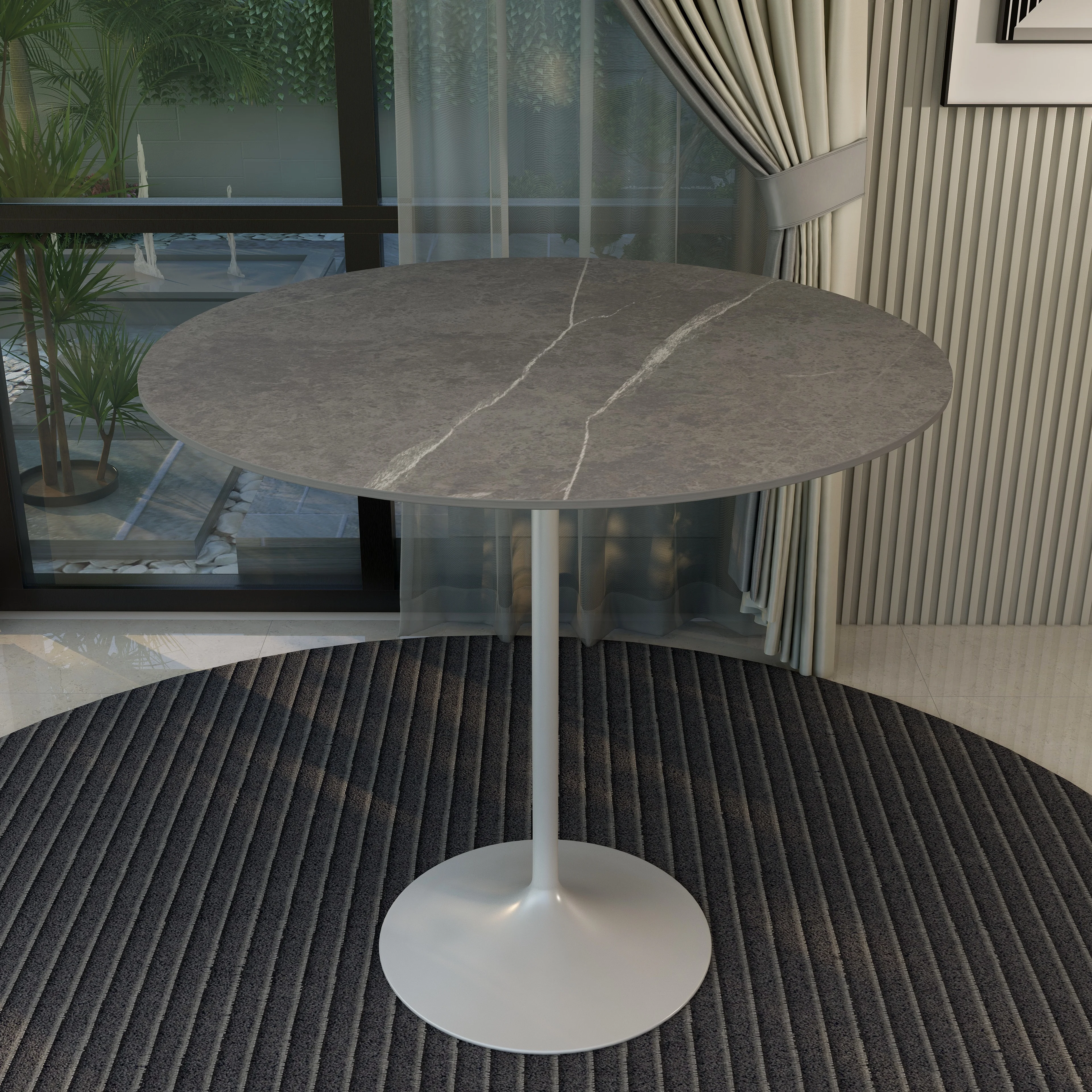 Verve Collection Modern Bar Height Table White Base with 48" Round Marble Grey Sintered Stone Top