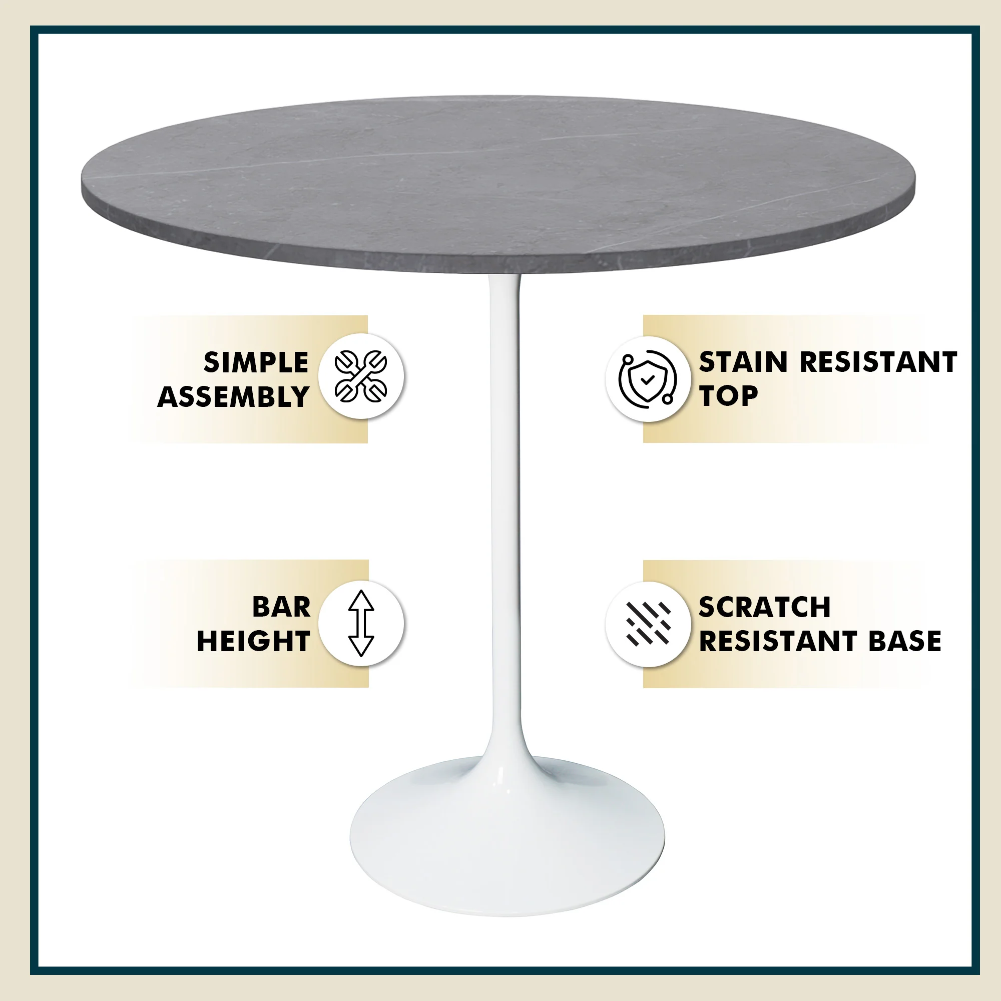 Verve Collection Modern Bar Height Table White Base with 48" Round Marble Grey Sintered Stone Top