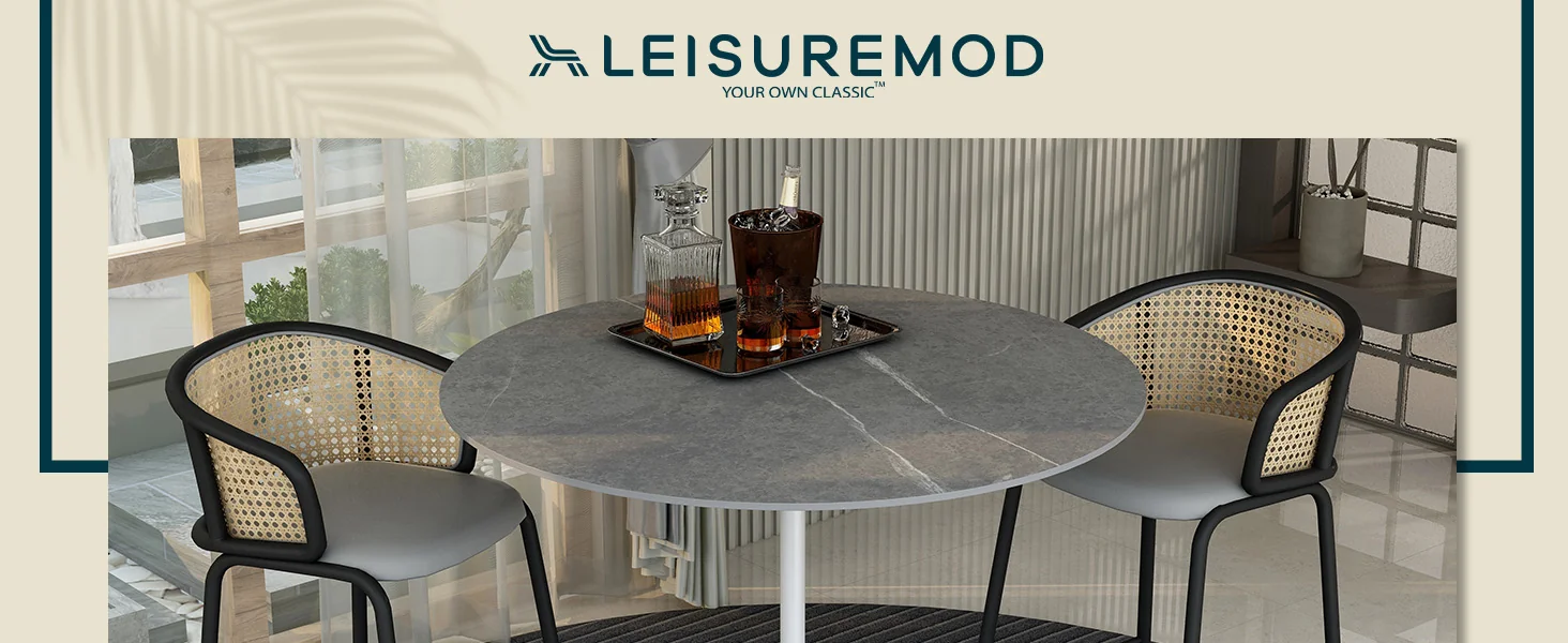 Verve Collection Modern Bar Height Table White Base with 48" Round Marble Grey Sintered Stone Top