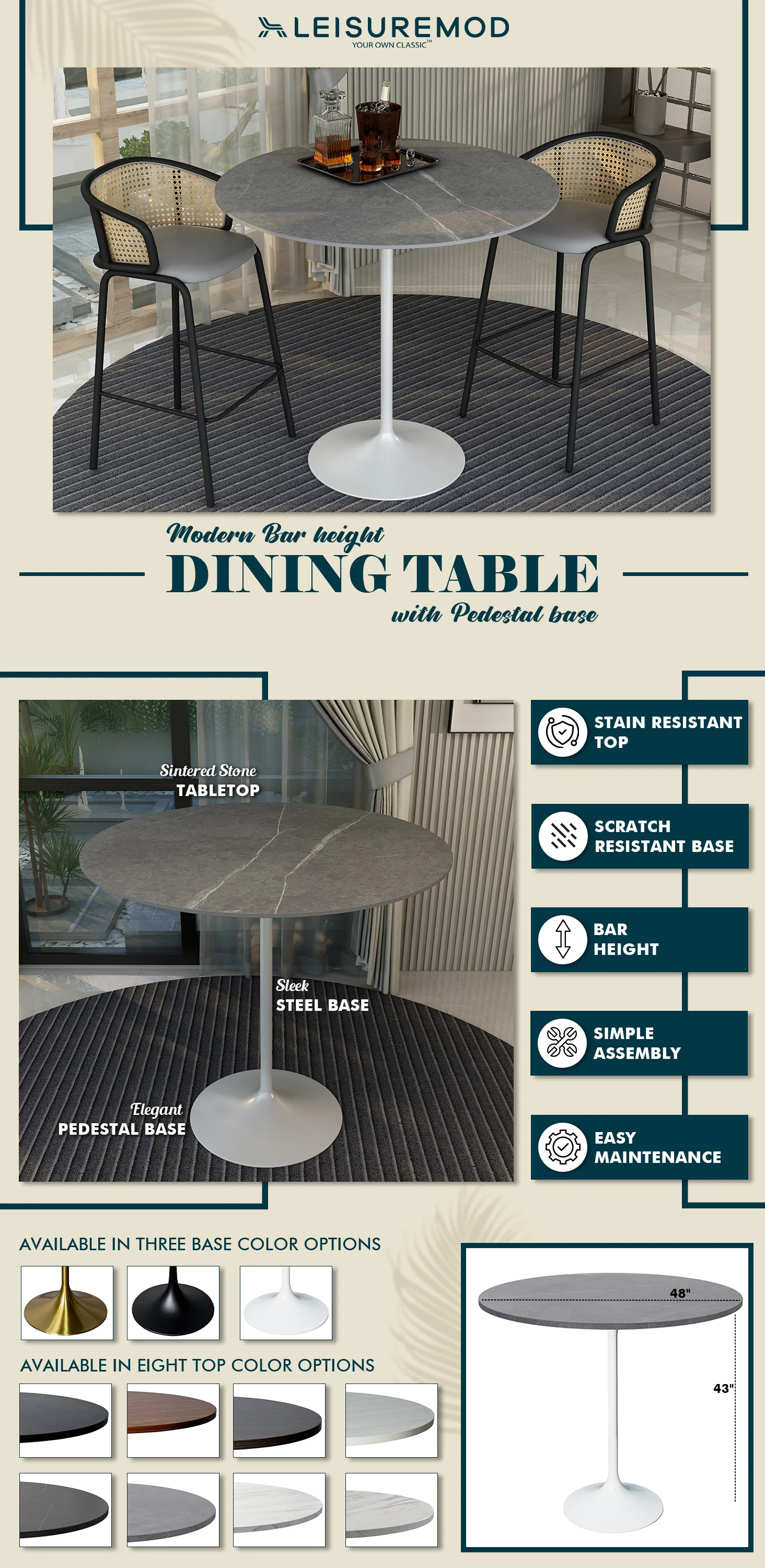 Verve Collection Modern Bar Height Table White Base with 48" Round Marble Grey Sintered Stone Top