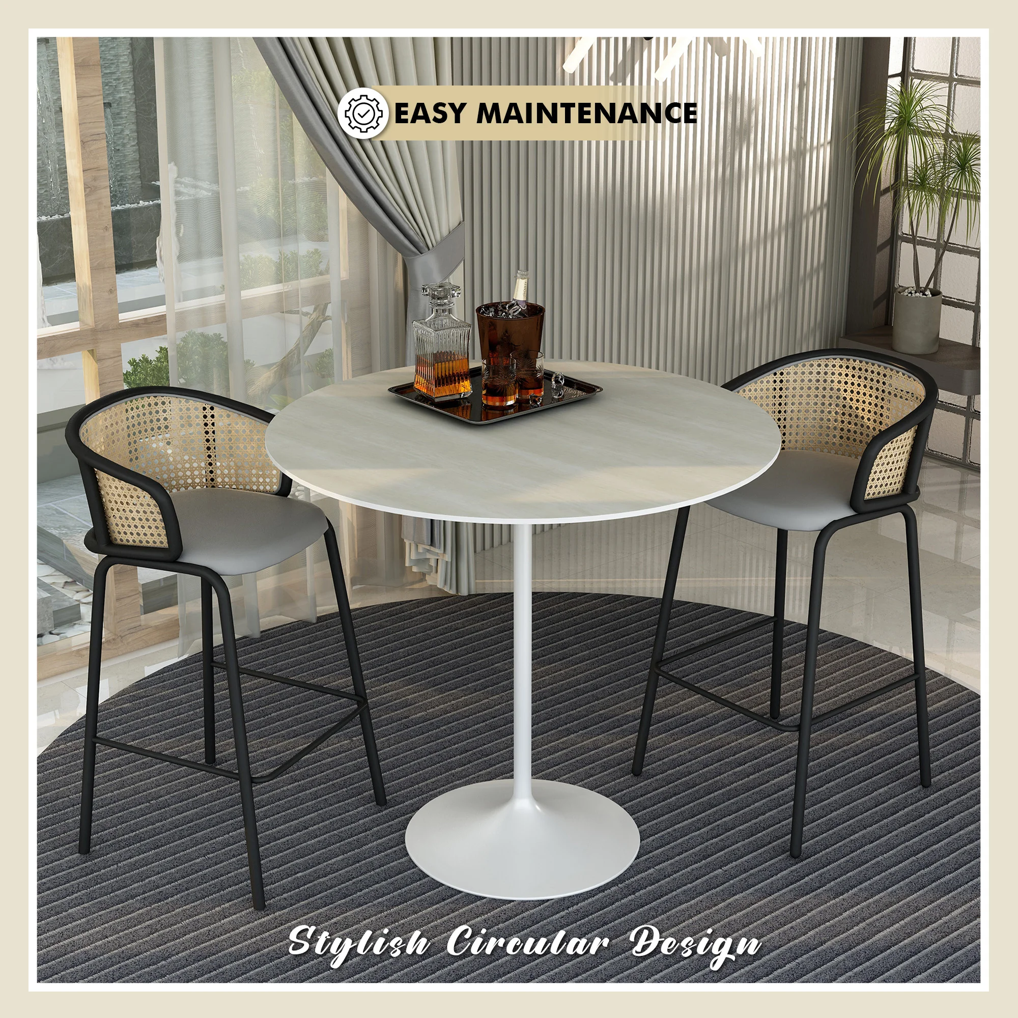 Verve Collection Modern Bar Height Table White Base with 48" Round Light Natural Wood MDF Top