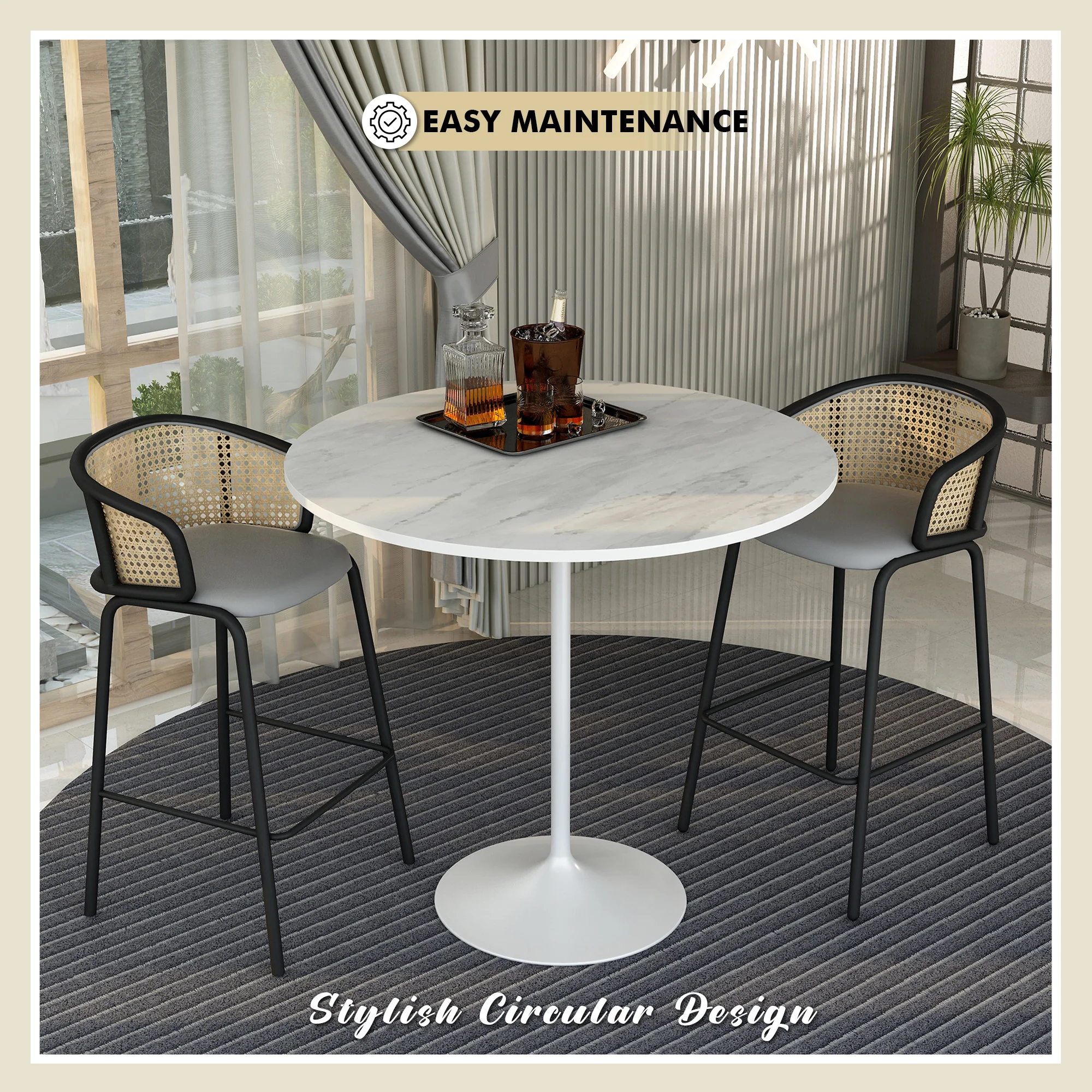 Verve Collection Modern Bar Height Table White Base with 48" Round Marbleized White Laminated Top