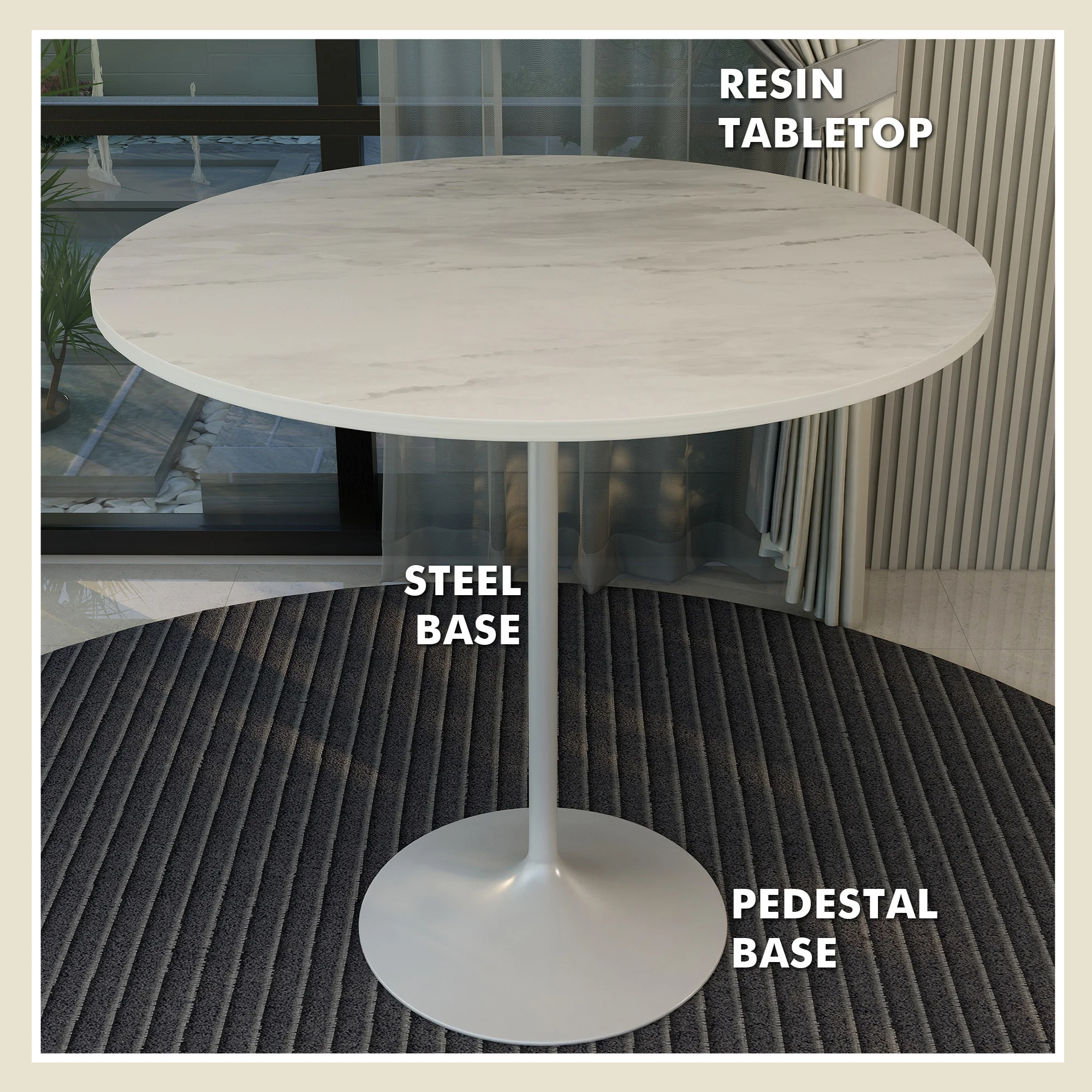 Verve Collection Modern Bar Height Table White Base with 48" Round Marbleized White Laminated Top
