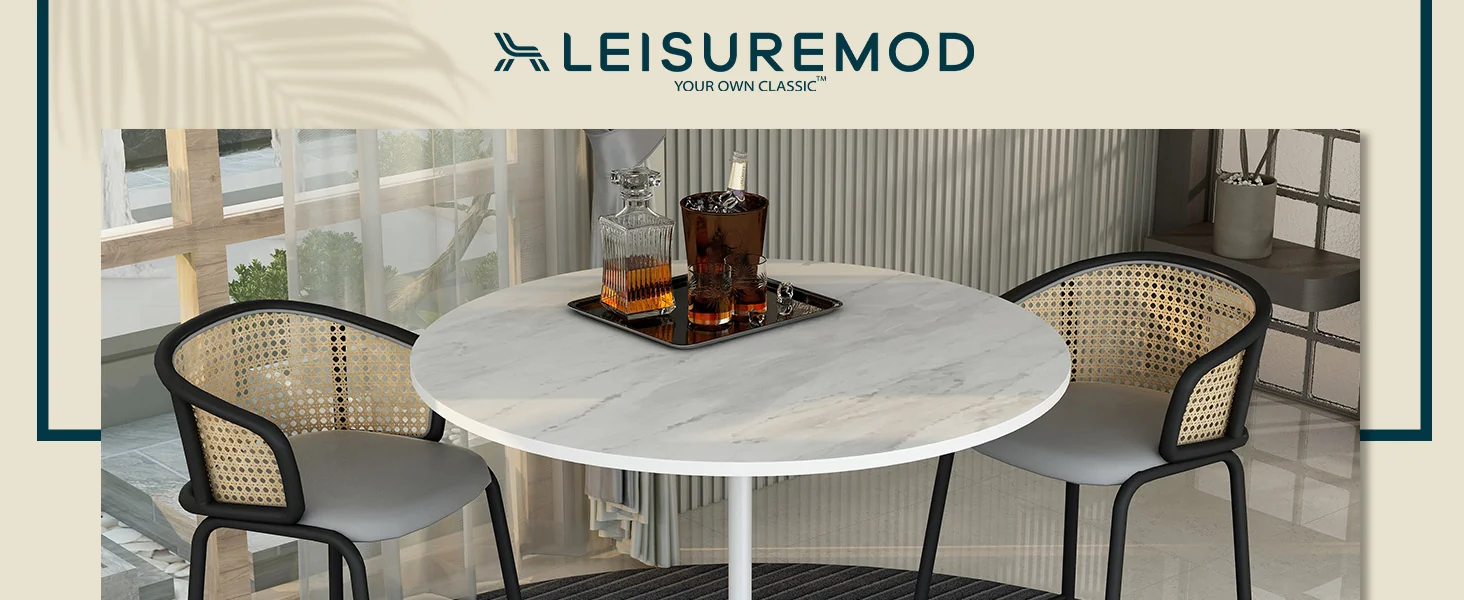 Verve Collection Modern Bar Height Table White Base with 48" Round Marbleized White Laminated Top