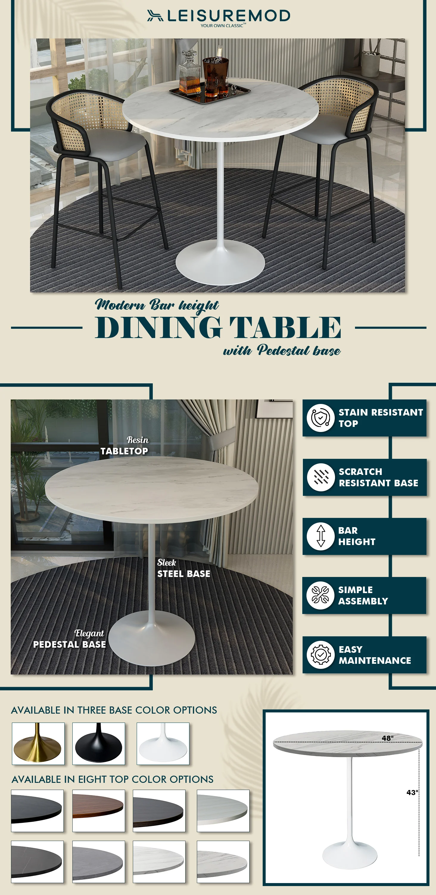 Verve Collection Modern Bar Height Table White Base with 48" Round Marbleized White Laminated Top