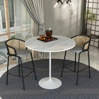 Verve Collection Modern Bar Height Table White Base with 48" Round Marbleized White Laminated Top