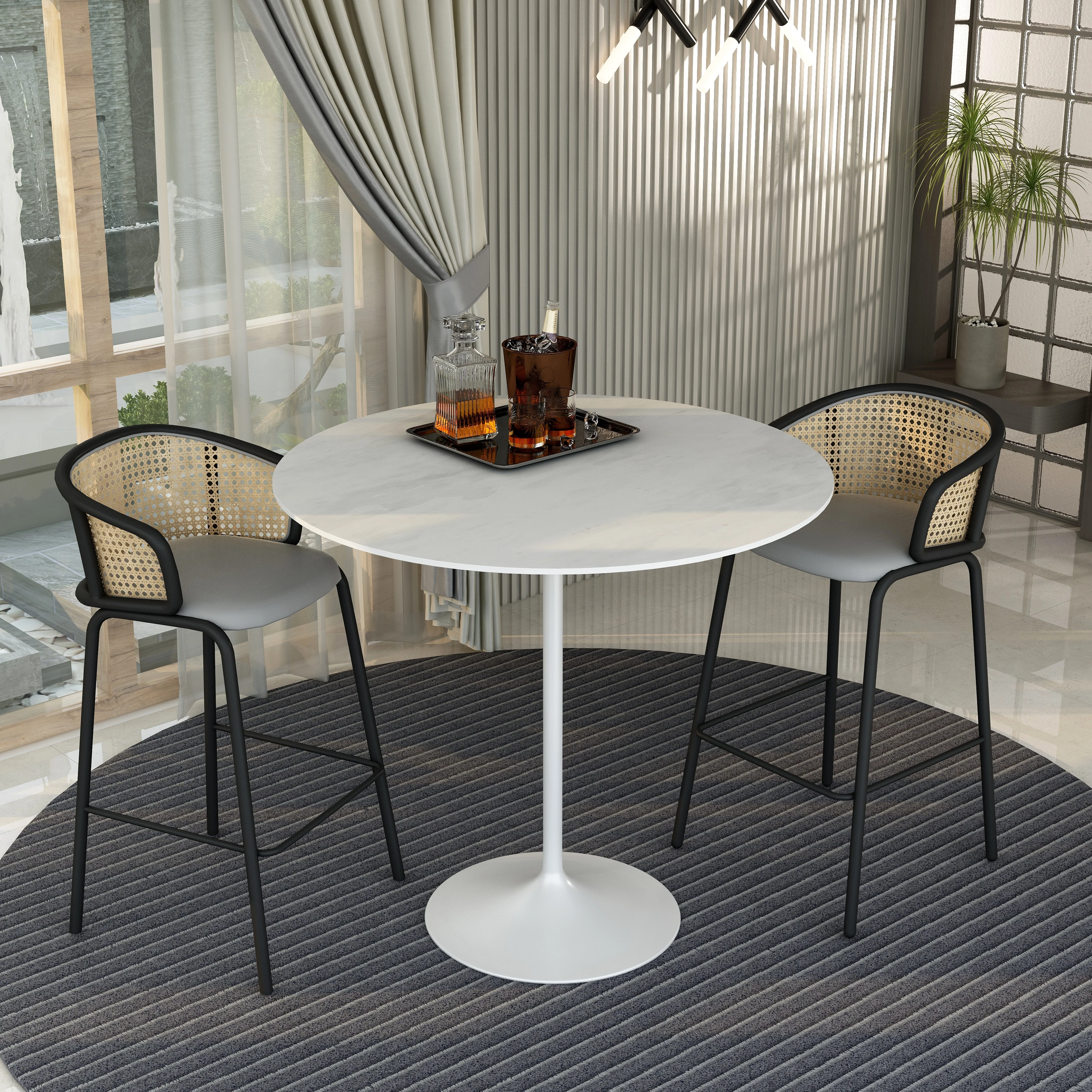 Verve Collection Modern Bar Height Table White Base with 48" Round Marble White Sintered Stone Top