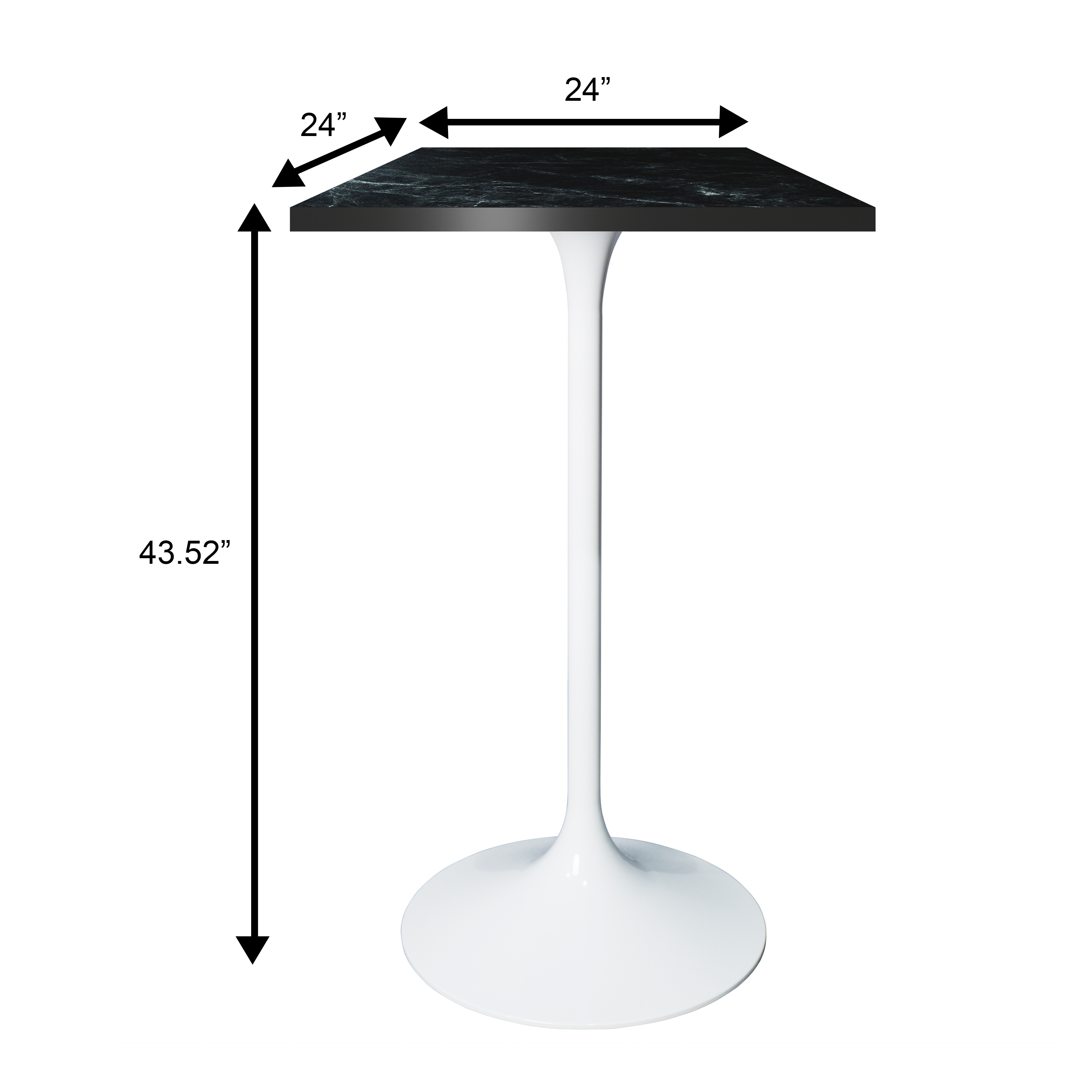 Verve Collection 24 Square Top Bar Height Table, White Base with Black MDF Top