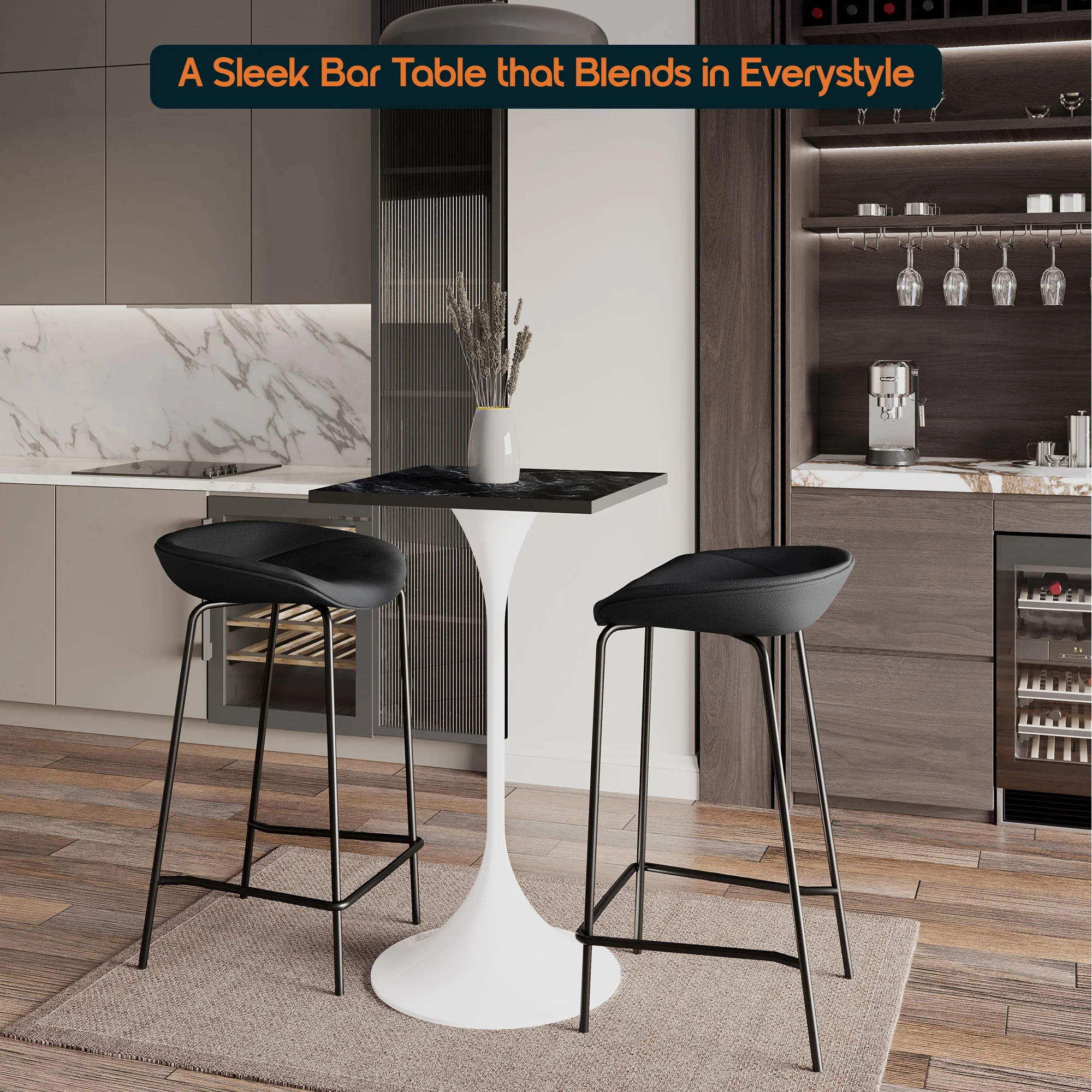 Verve Collection 24 Square Top Bar Height Table, White Base with Black MDF Top