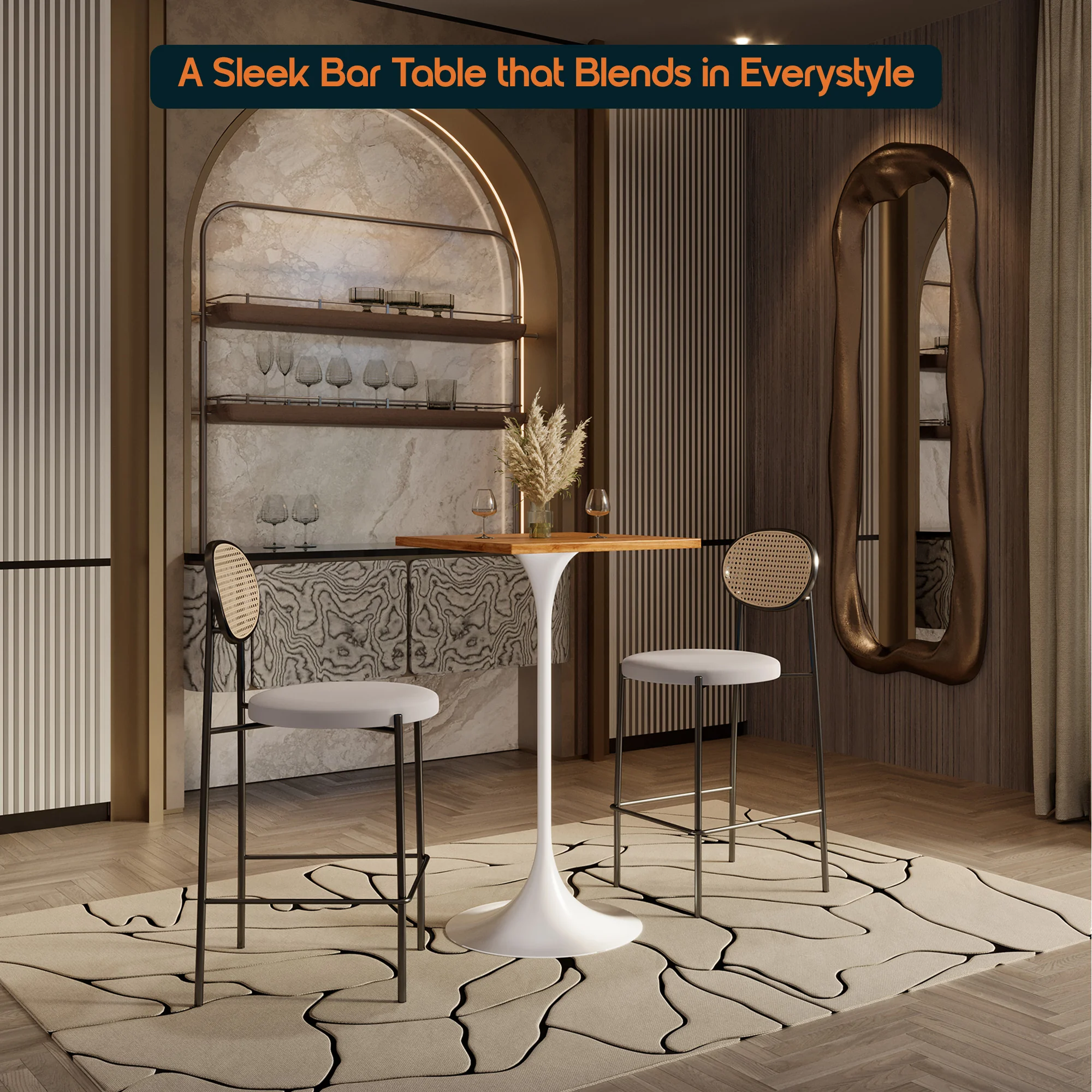 Verve Collection 24 Square Top Bar Height Table, White Base with Dark Maple MDF Top