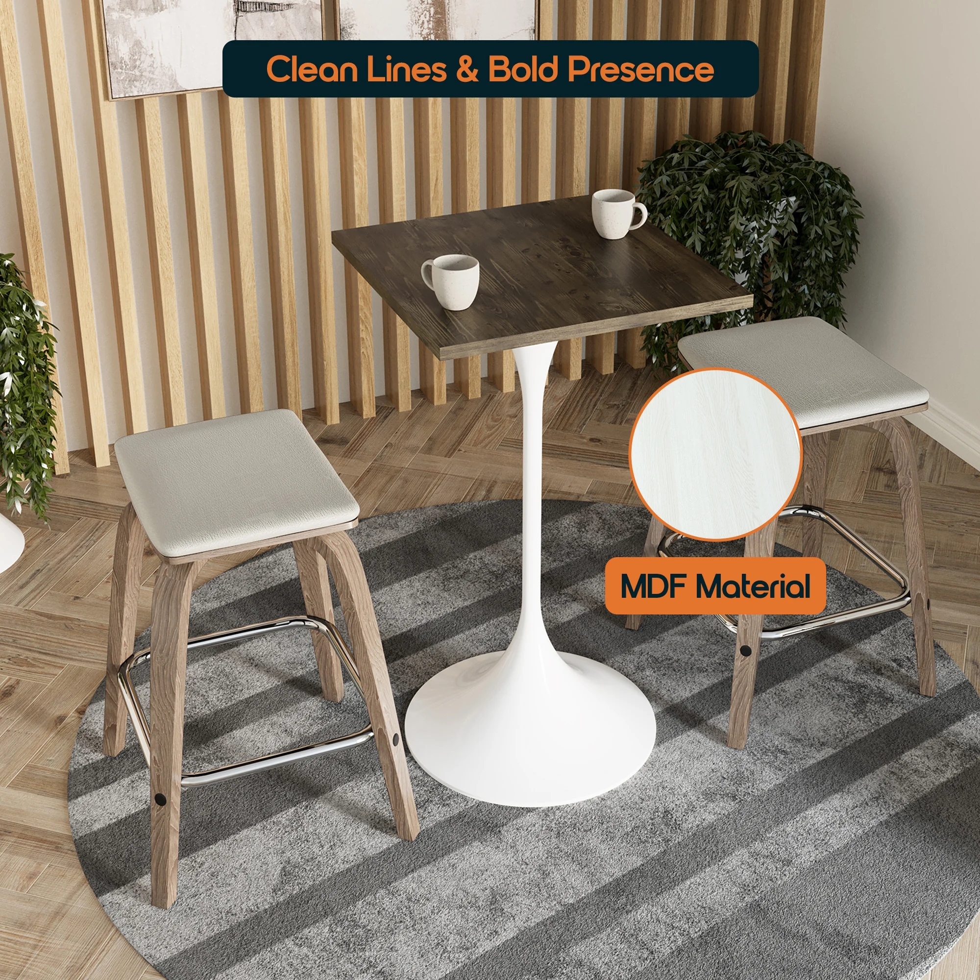 Verve Collection 24 Square Top Bar Height Table, White Base with Dark Maple MDF Top