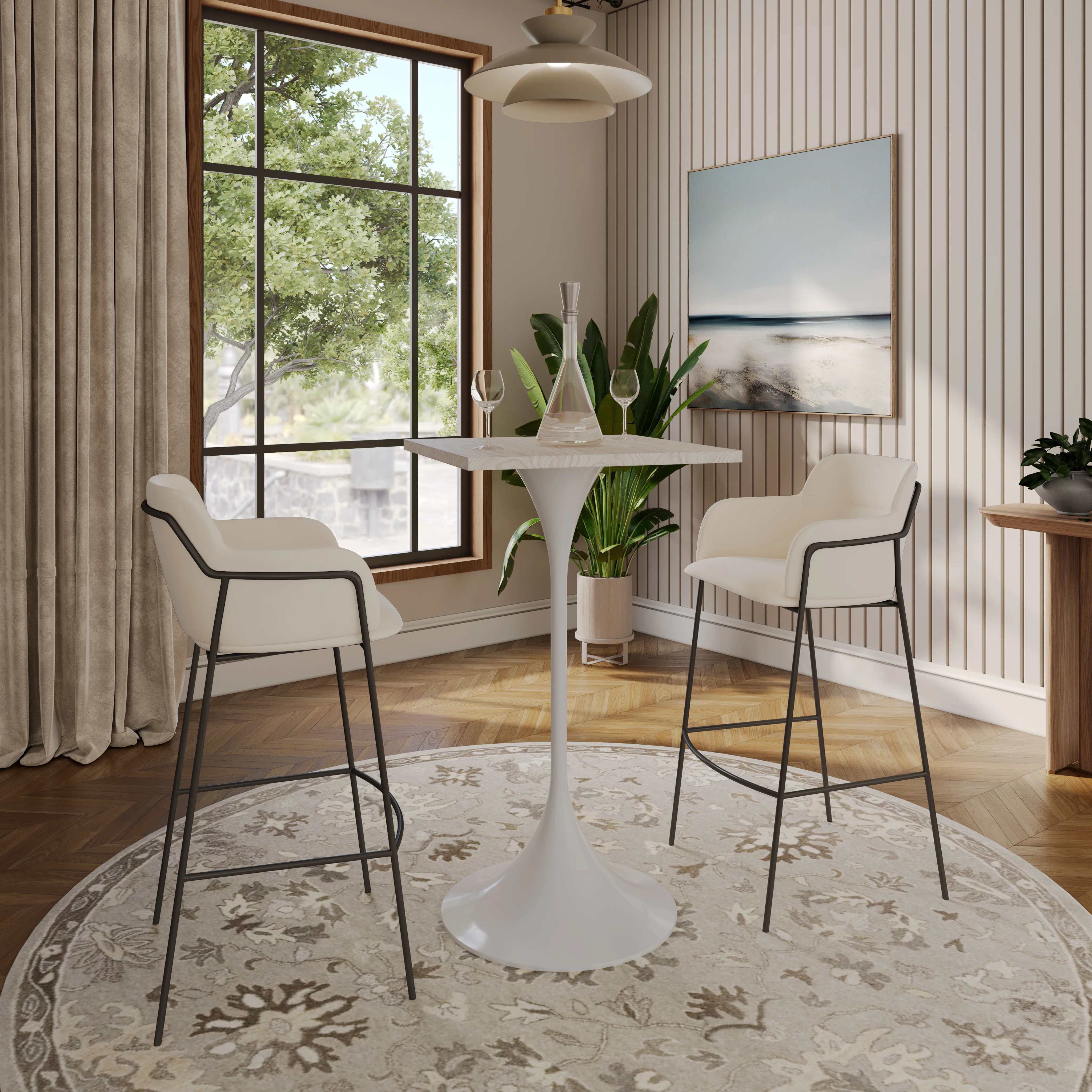 Verve Collection 24 Square Top Bar Height Table, White Base with Light Natural Wood MDF Top