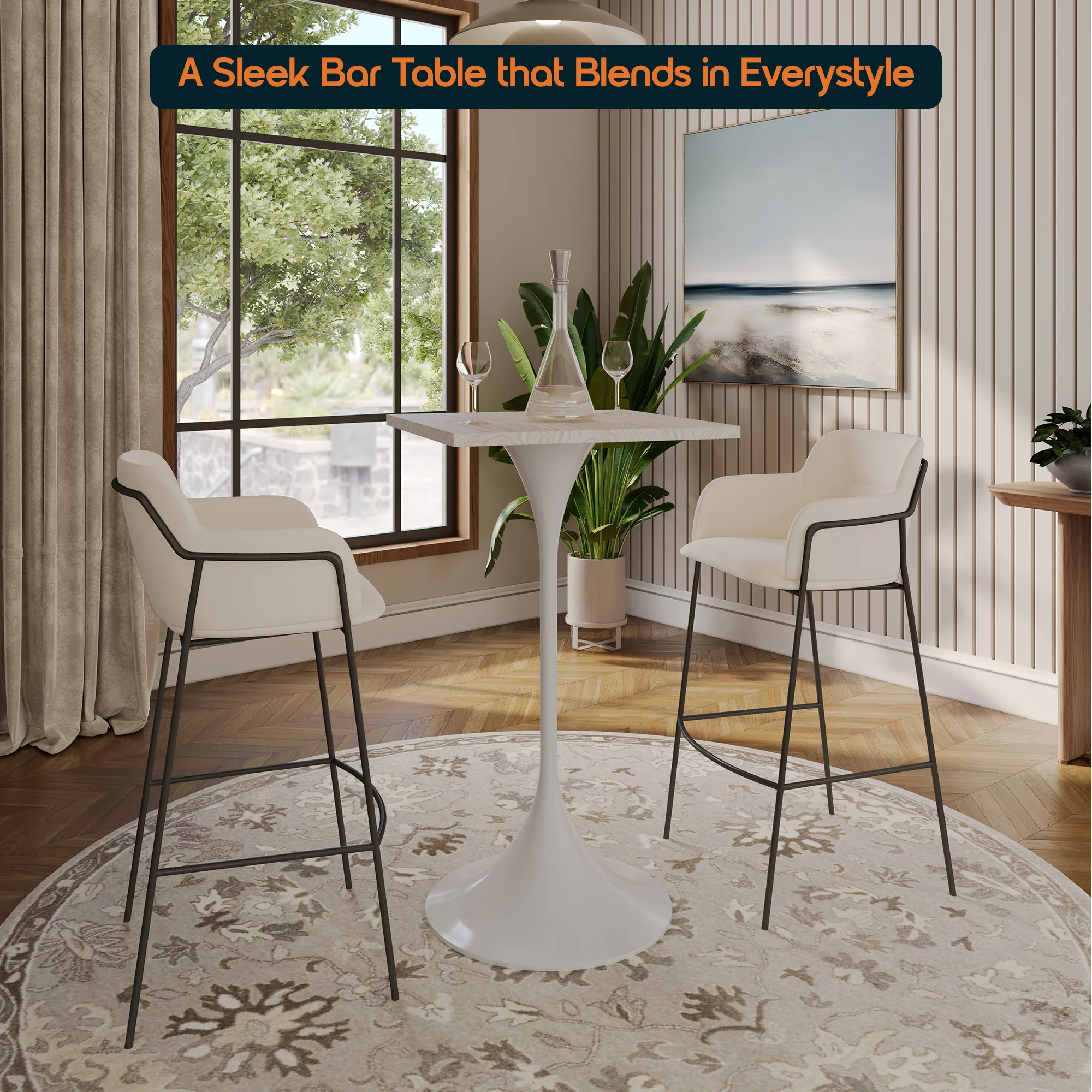 Verve Collection 24 Square Top Bar Height Table, White Base with Light Natural Wood MDF Top