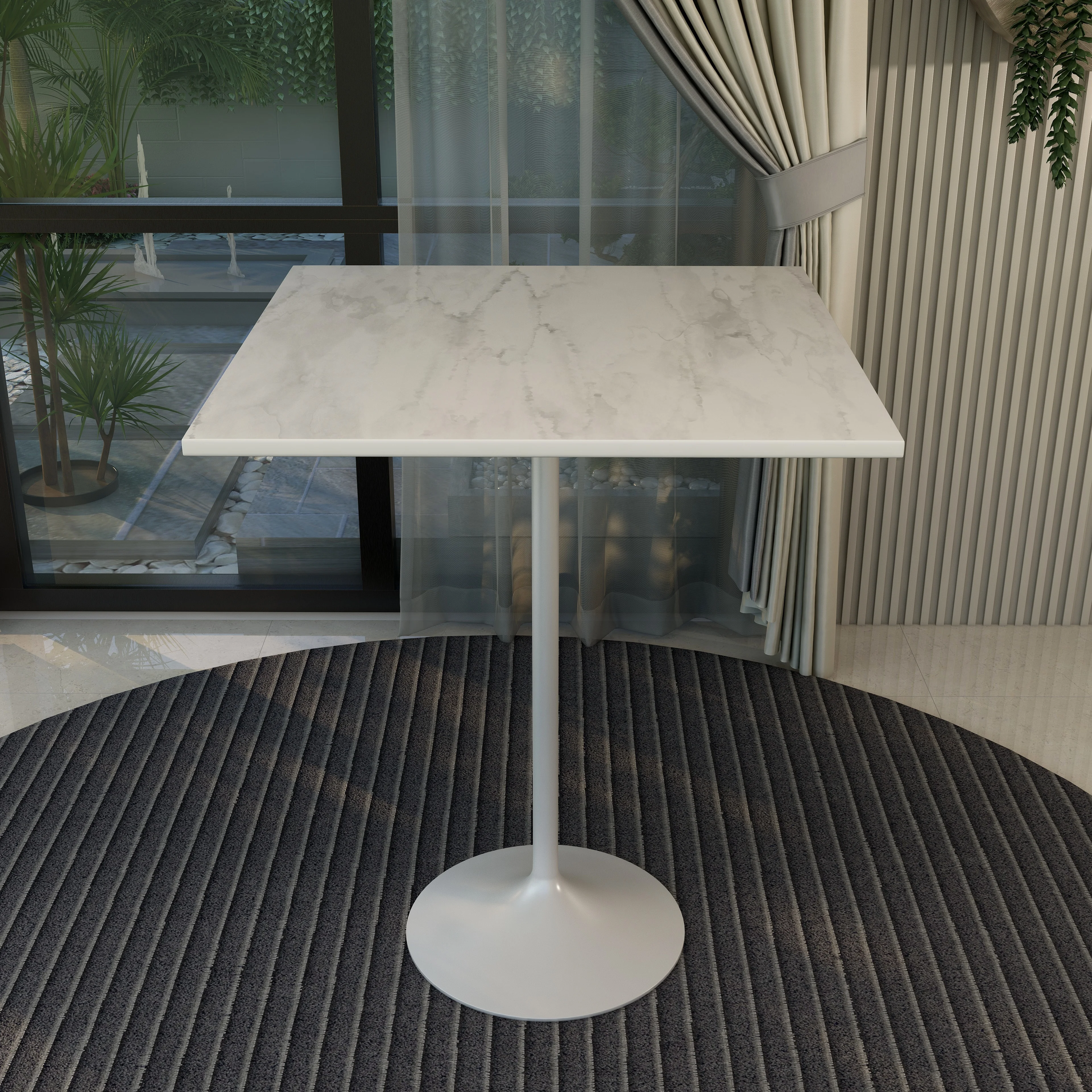 Verve Collection Modern Bar Height Table White Base with 36" Square Marbleized White Laminated  Top