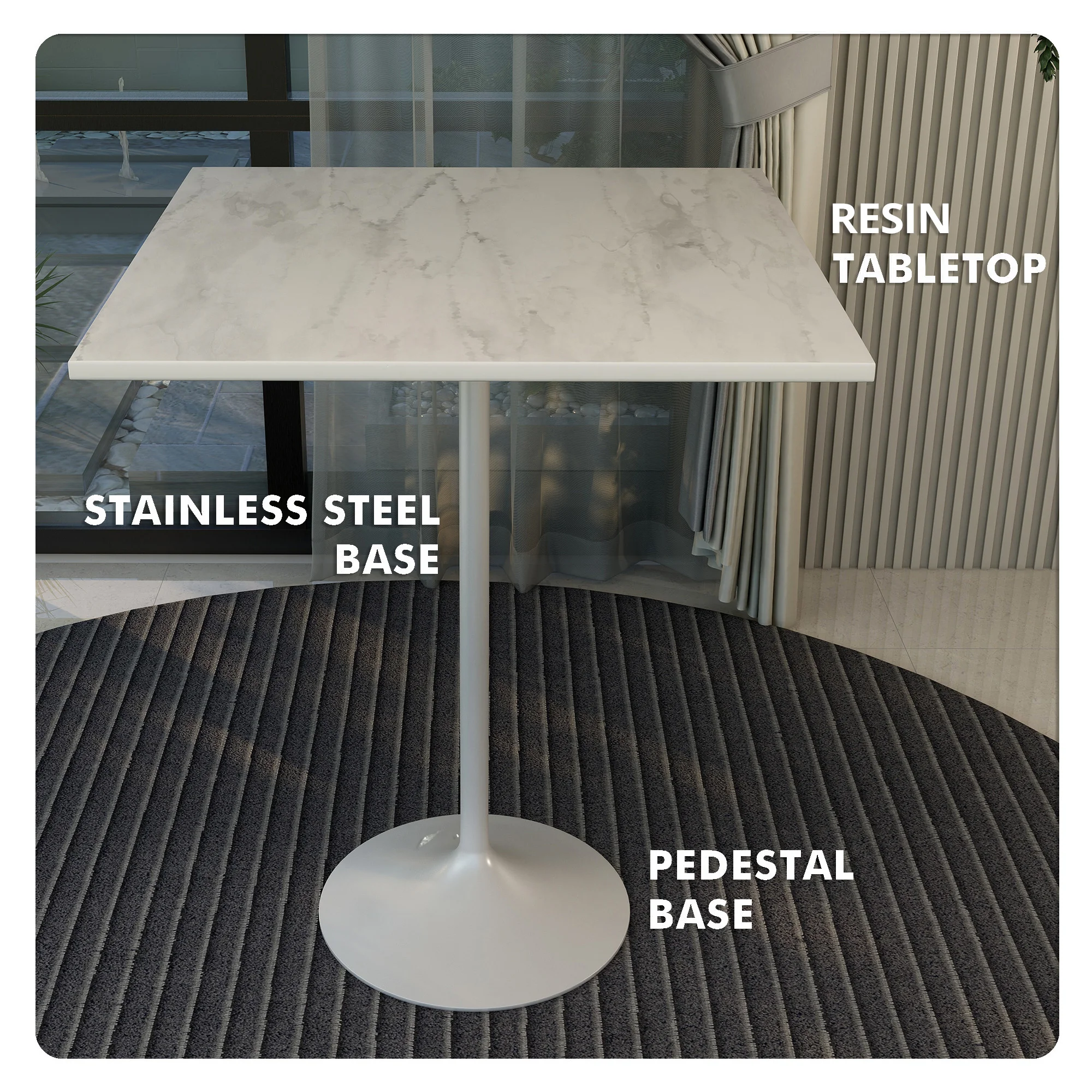 Verve Collection Modern Bar Height Table White Base with 36" Square Marbleized White Laminated  Top