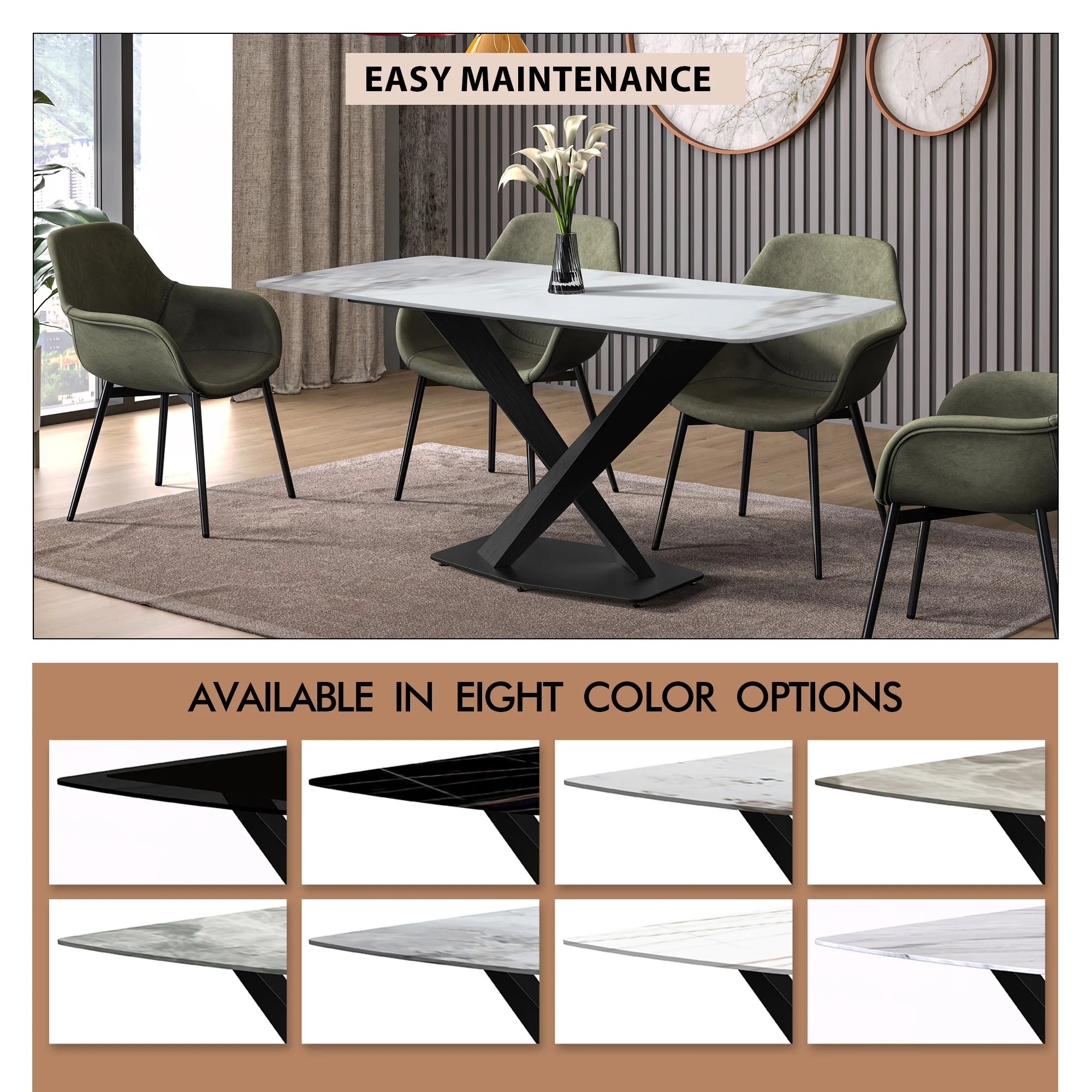 Voren Series Modern Dining Table Black Base, With 55 Medium Grey Sintered Stone Top