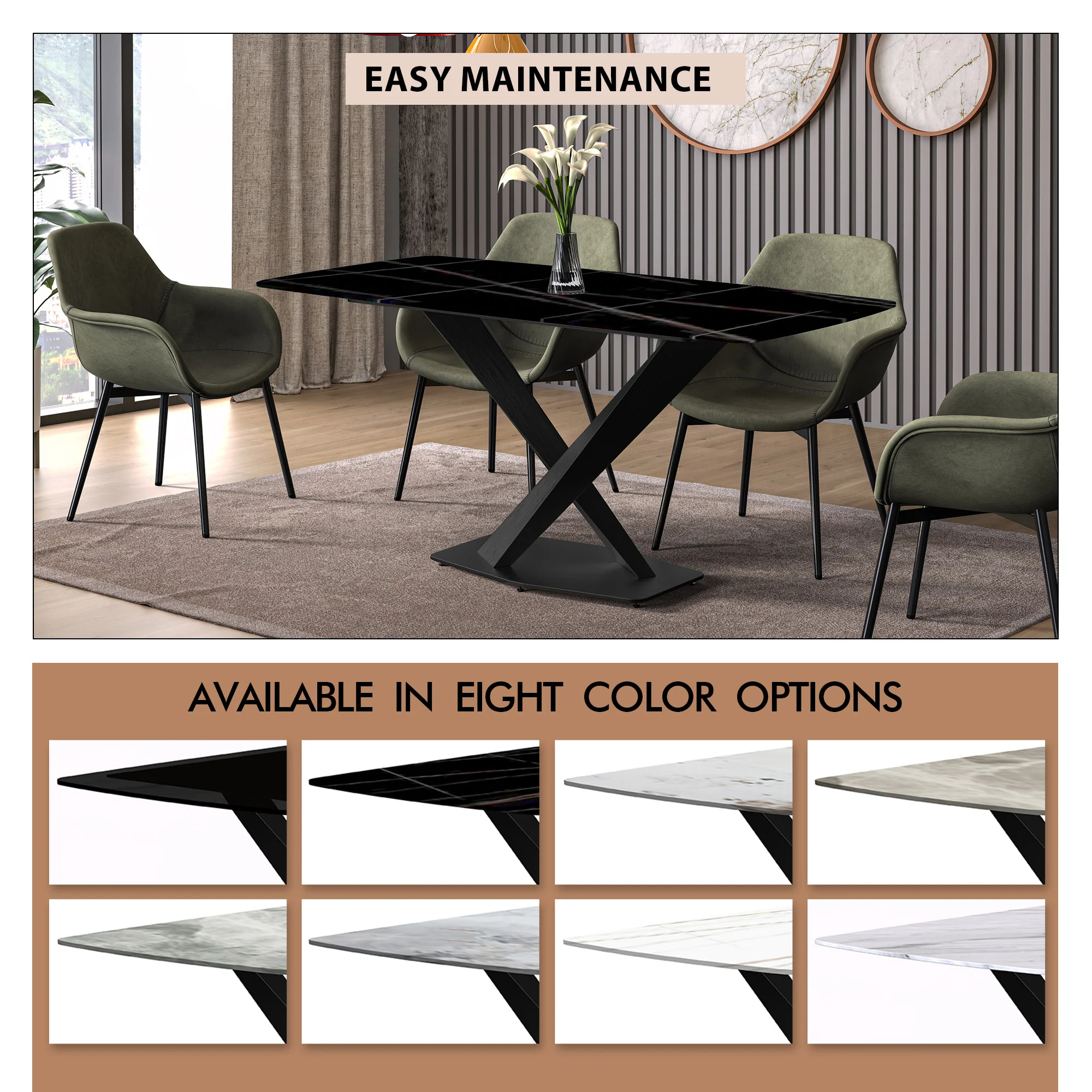 Voren Series Modern Dining Table Black Base, With 62 Black/Gold Sintered Stone Top