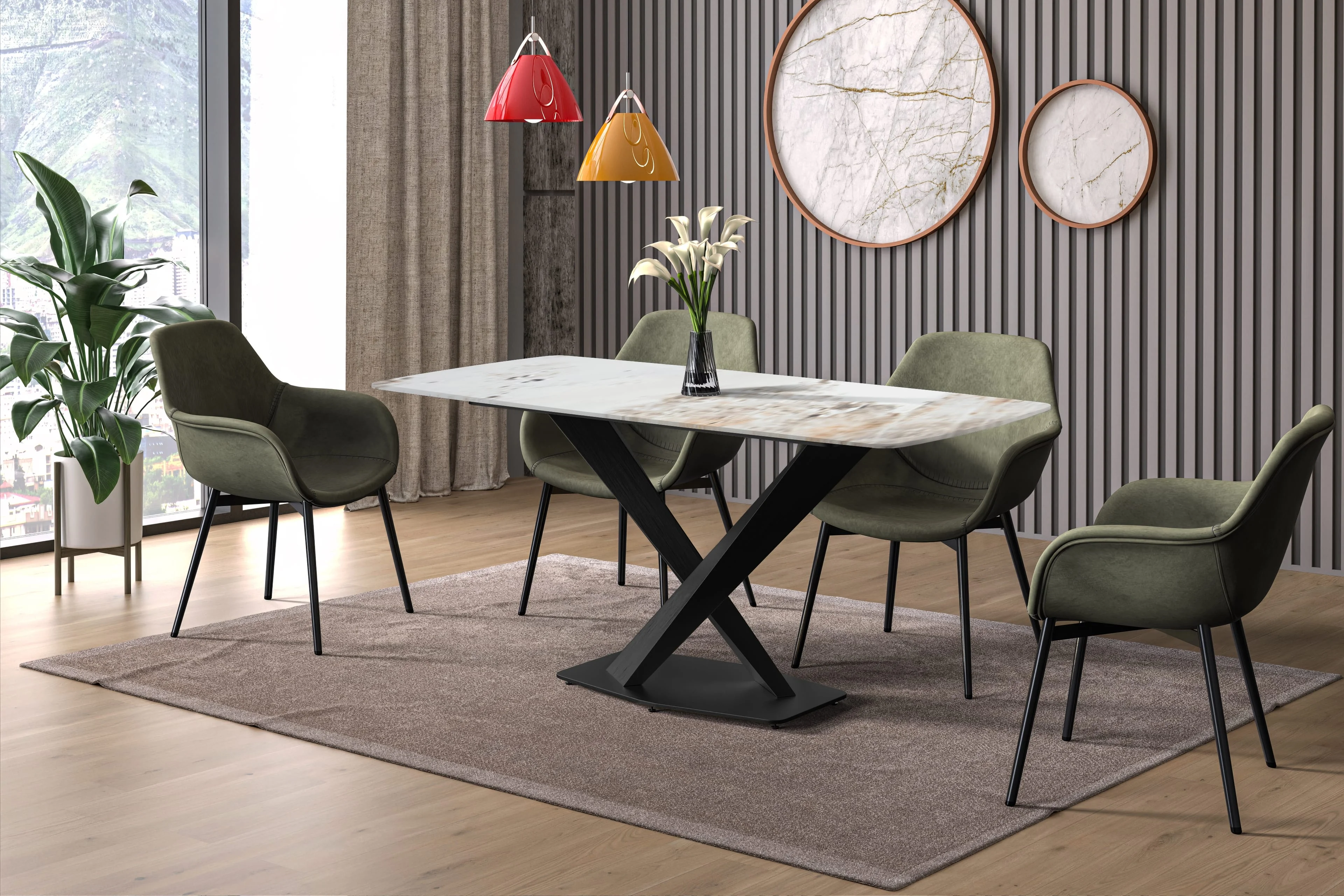 Voren Series Modern Dining Table Black Base, With 62 White Grey Sintered Stone Top