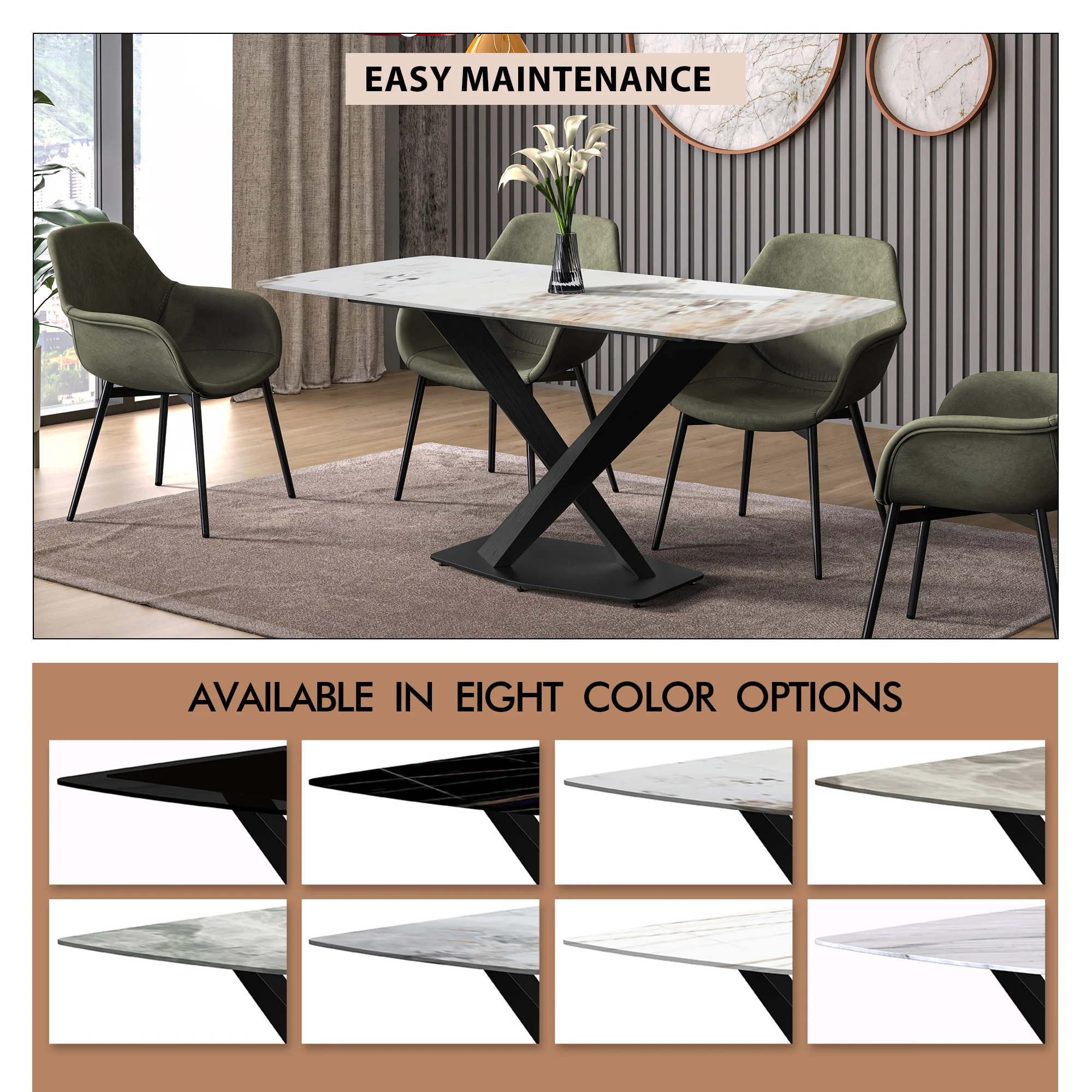 Voren Series Modern Dining Table Black Base, With 62 White Grey Sintered Stone Top