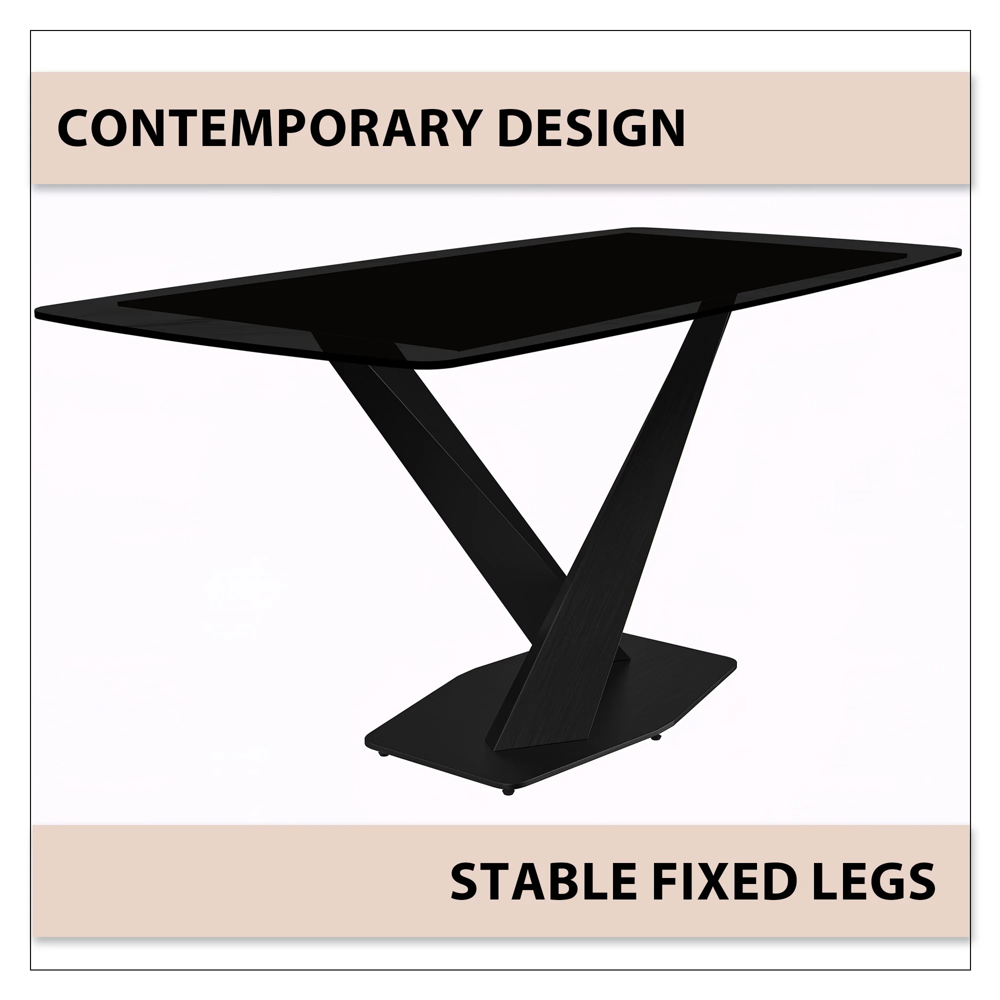 Voren Series Modern Dining Table Black Base, With 71 Black Glass Top