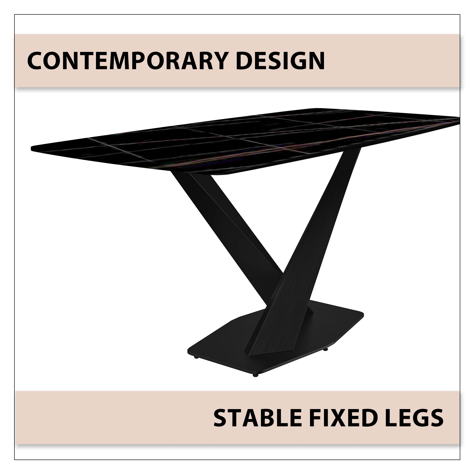 Voren Series Modern Dining Table Black Base, With 71 Black/Gold Sintered Stone Top