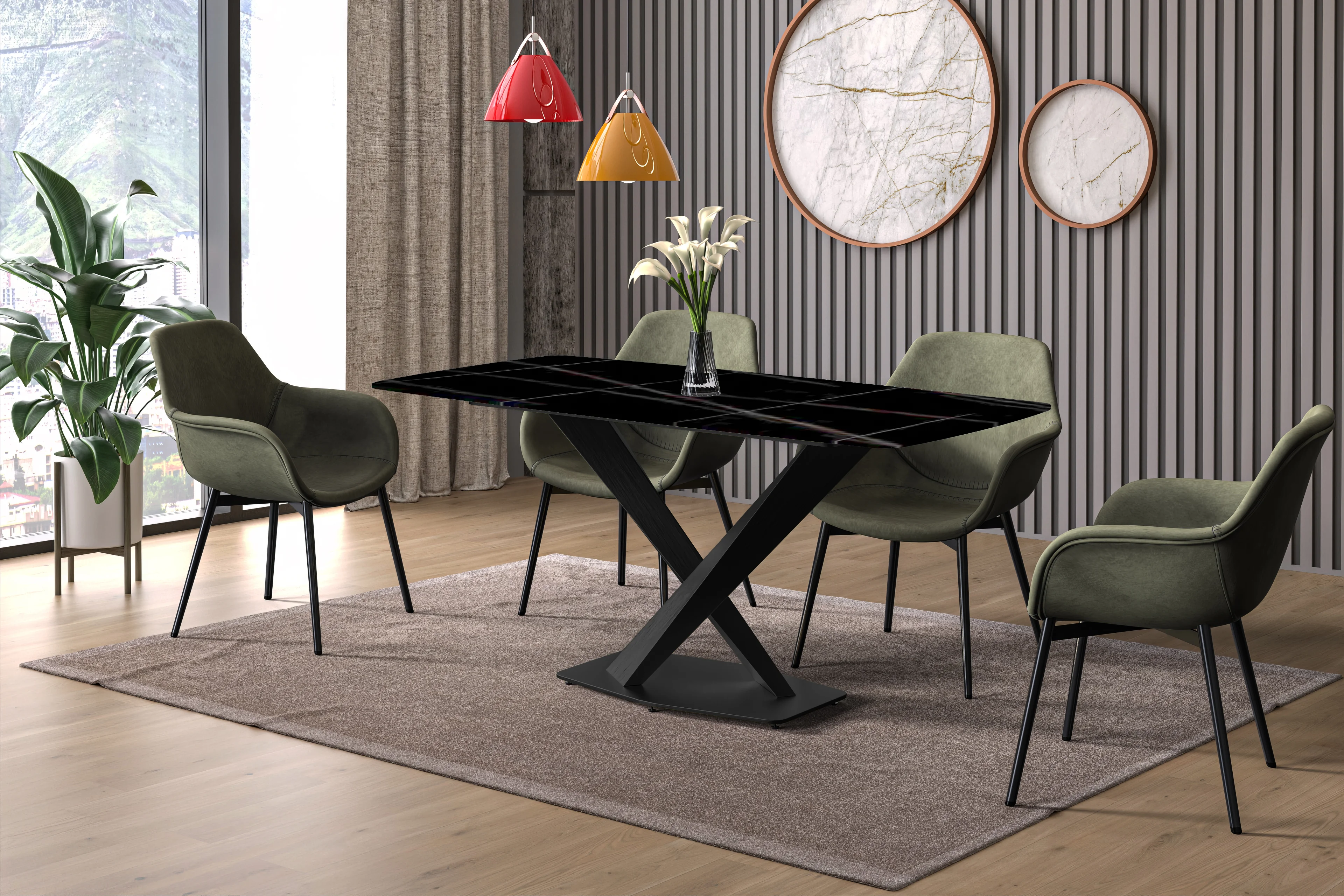 Voren Series Modern Dining Table Black Base, With 71 Black/Gold Sintered Stone Top