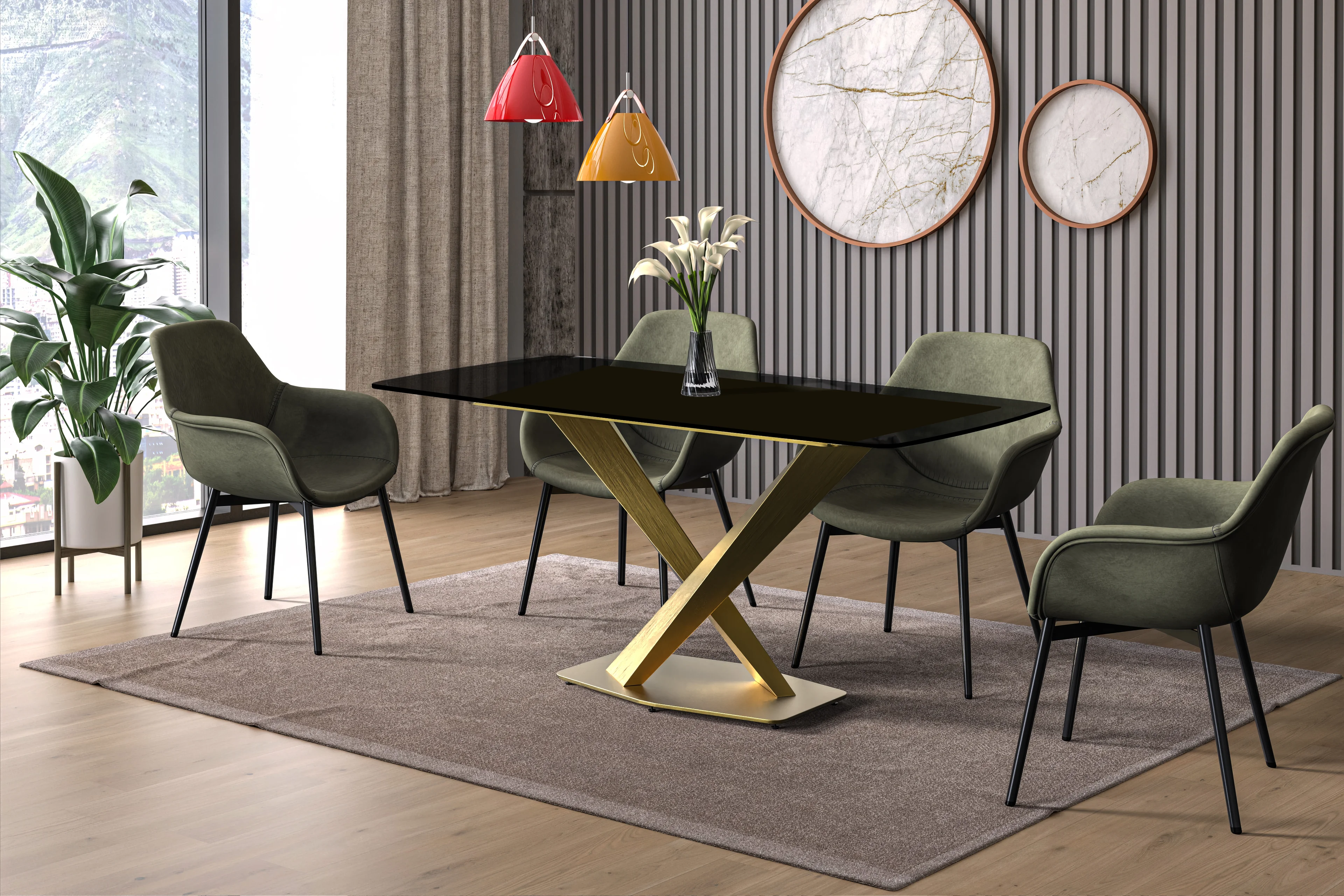Voren Series Modern Dining Table Gold Base, With 55" Black Glass Top