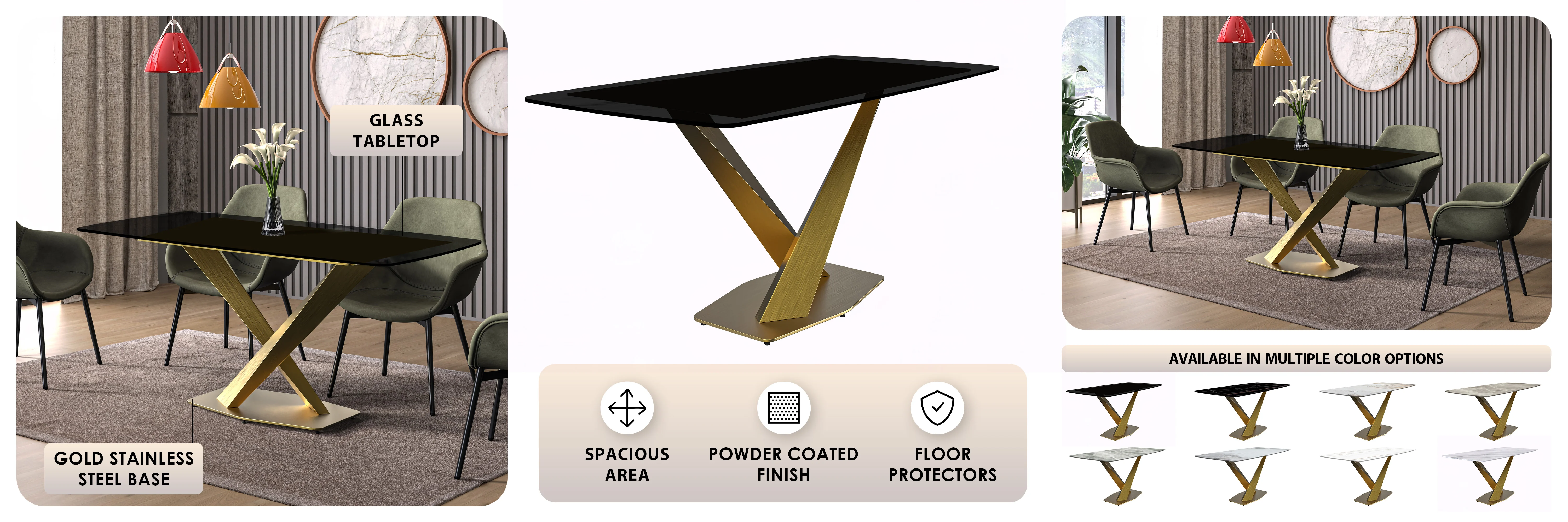 Voren Series Modern Dining Table Gold Base, With 55" Black Glass Top