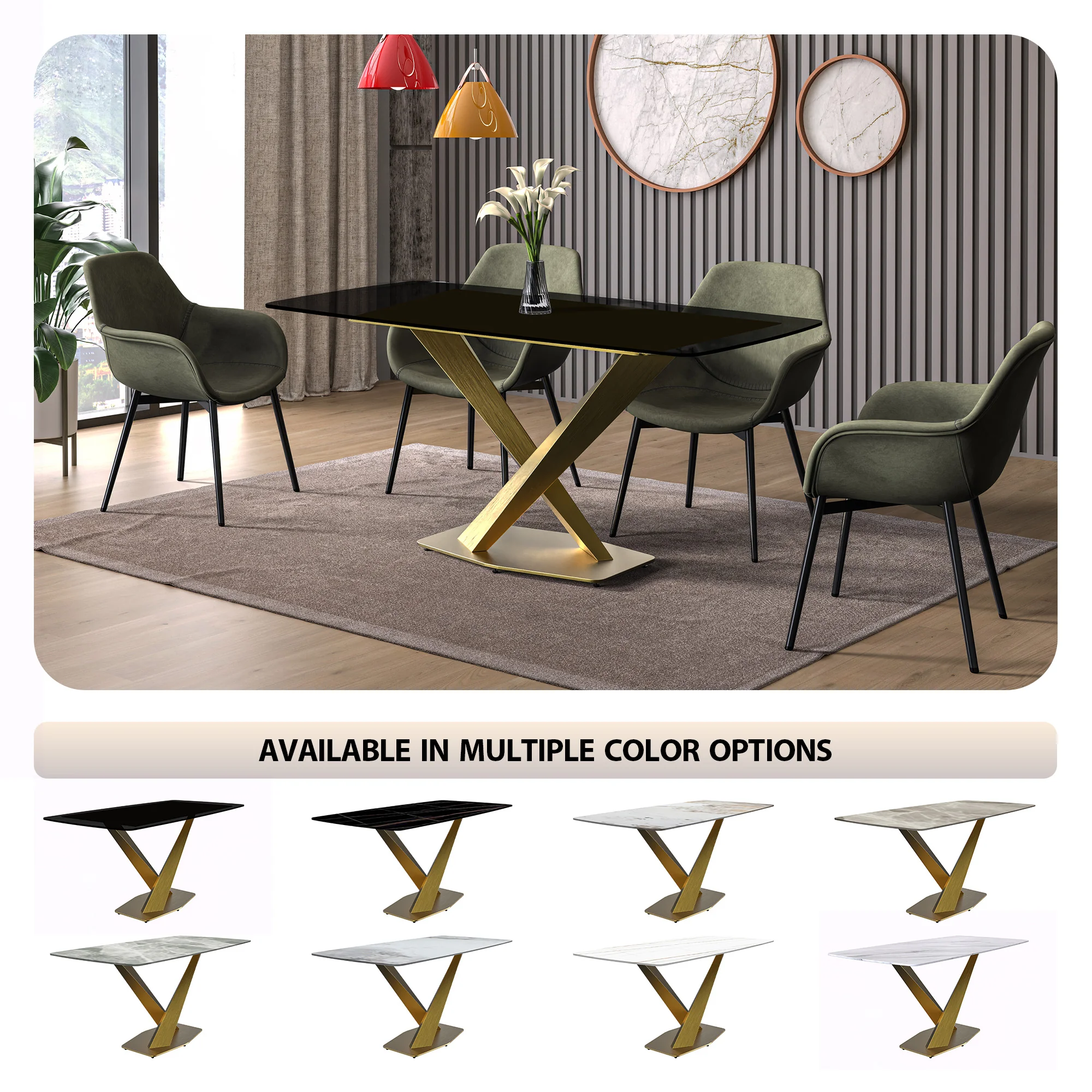 Voren Series Modern Dining Table Gold Base, With 55" Black Glass Top