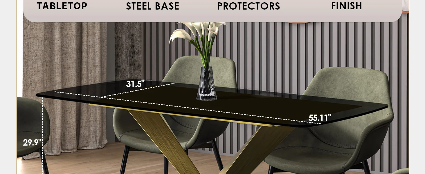 Voren Series Modern Dining Table Gold Base, With 55" Black Glass Top