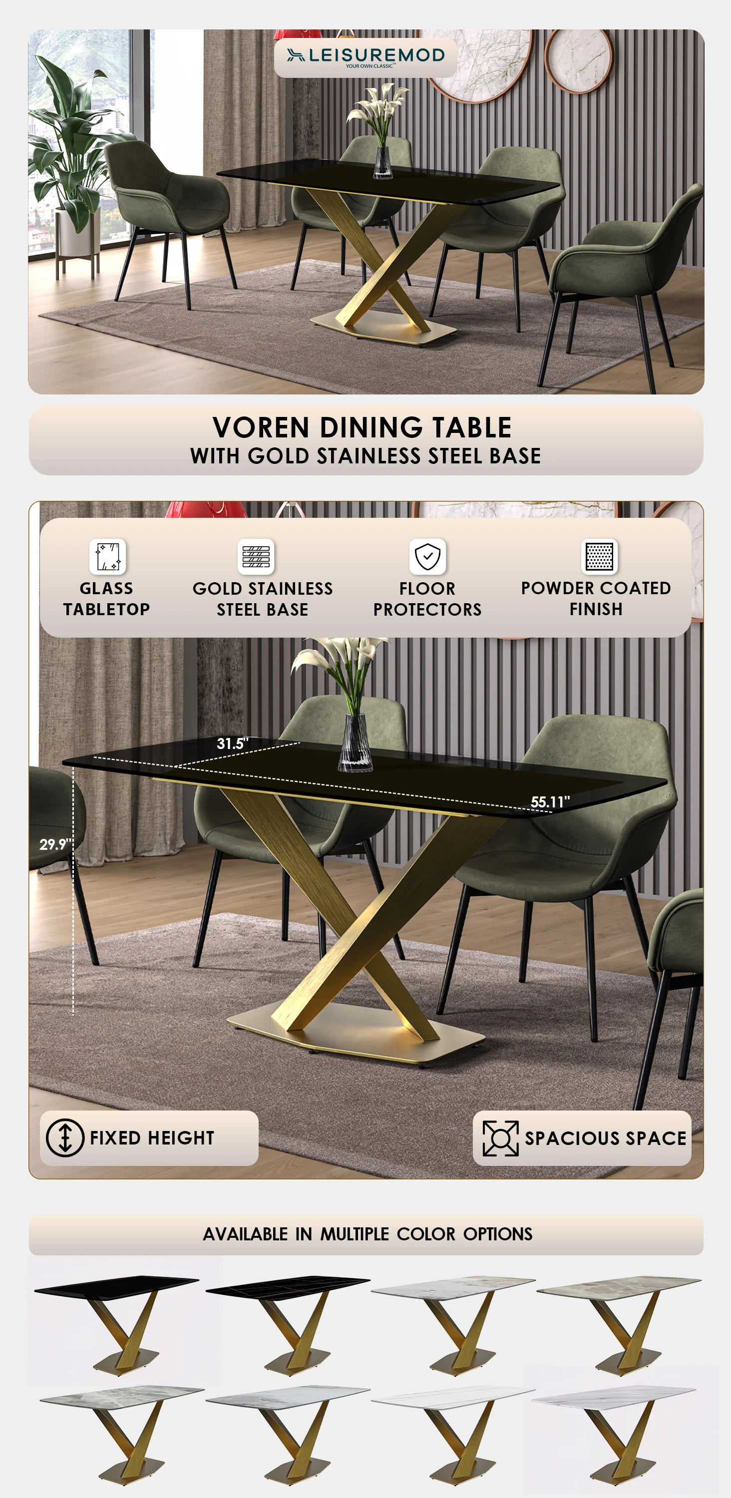Voren Series Modern Dining Table Gold Base, With 55" Black Glass Top